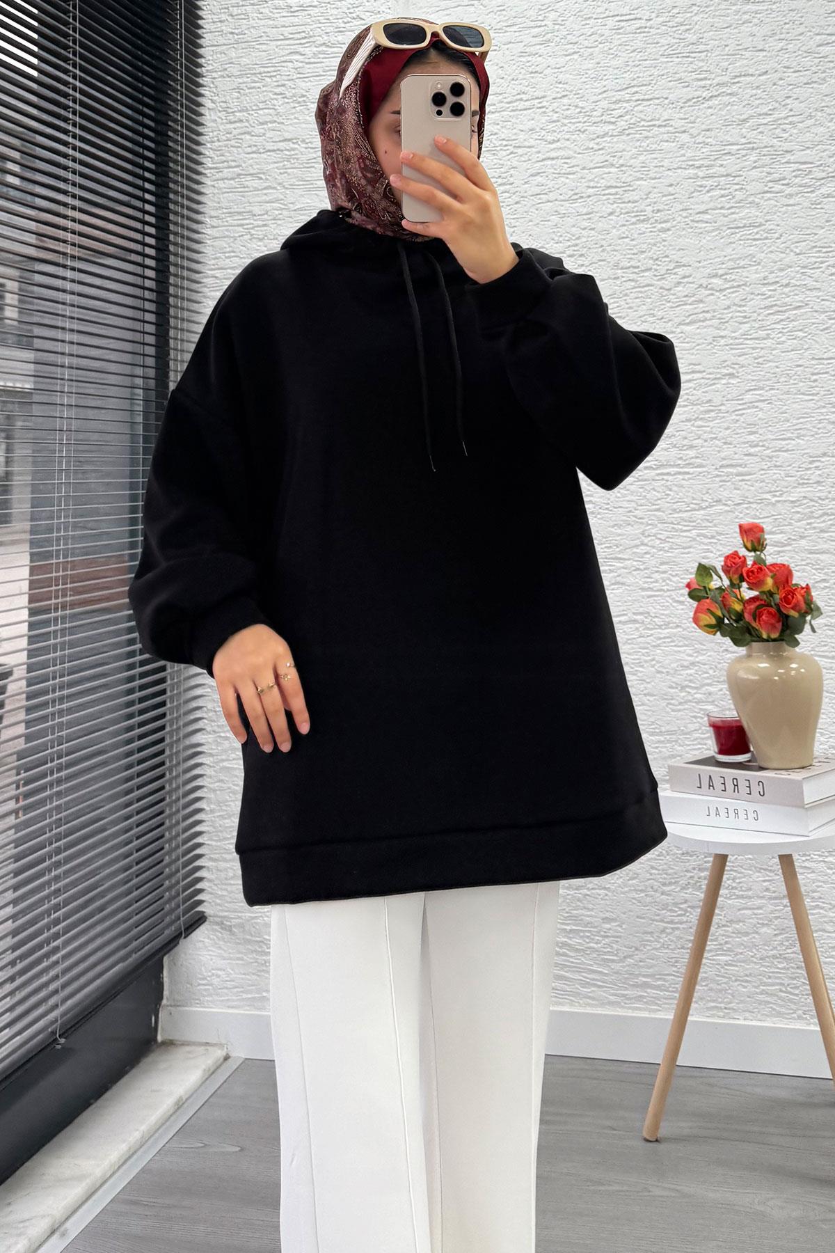 Kapüşonlu Oversize Kadın Sweatshirt - Siyah
