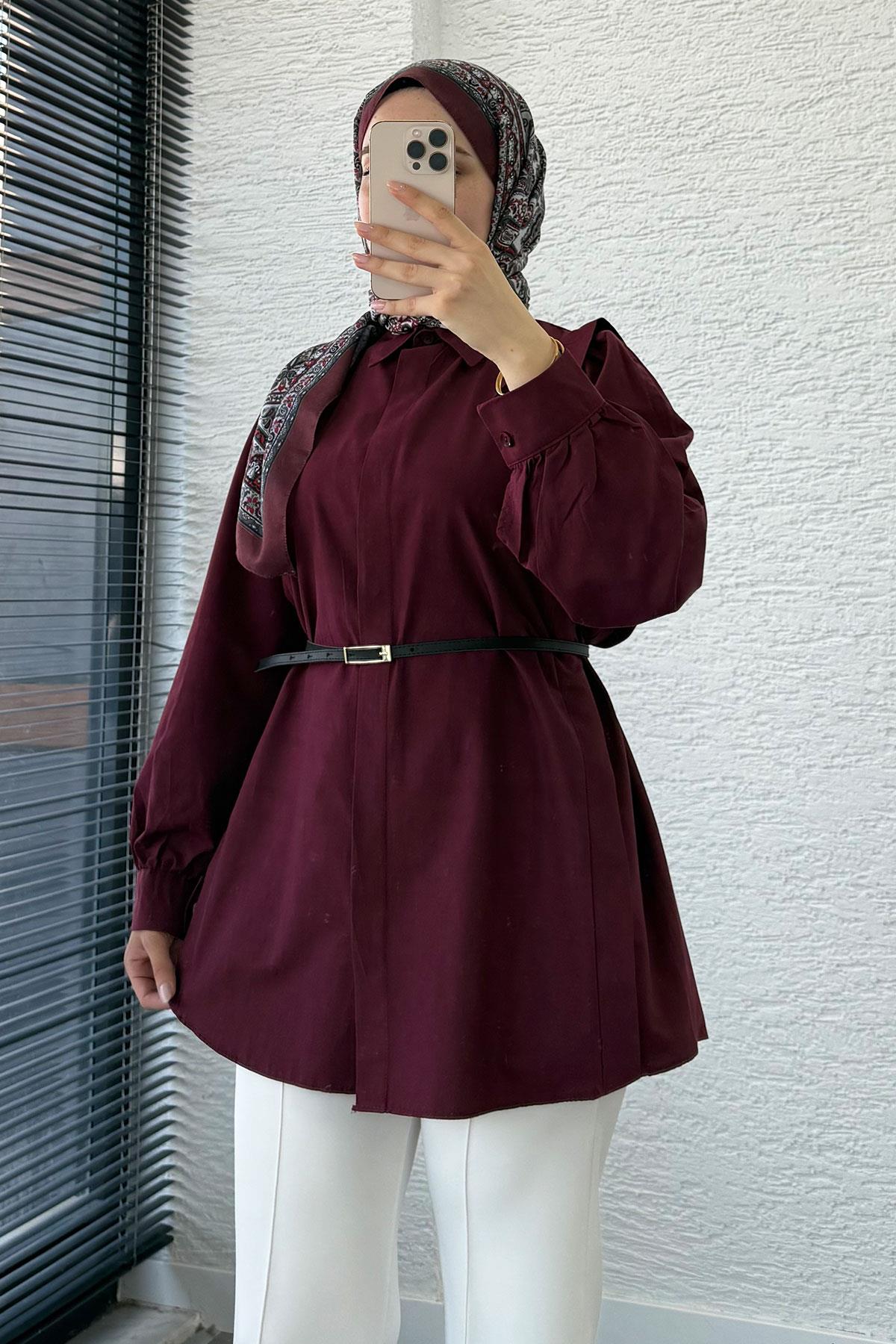 Kemer Detaylı Poplin Tunik Gömlek -Bordo