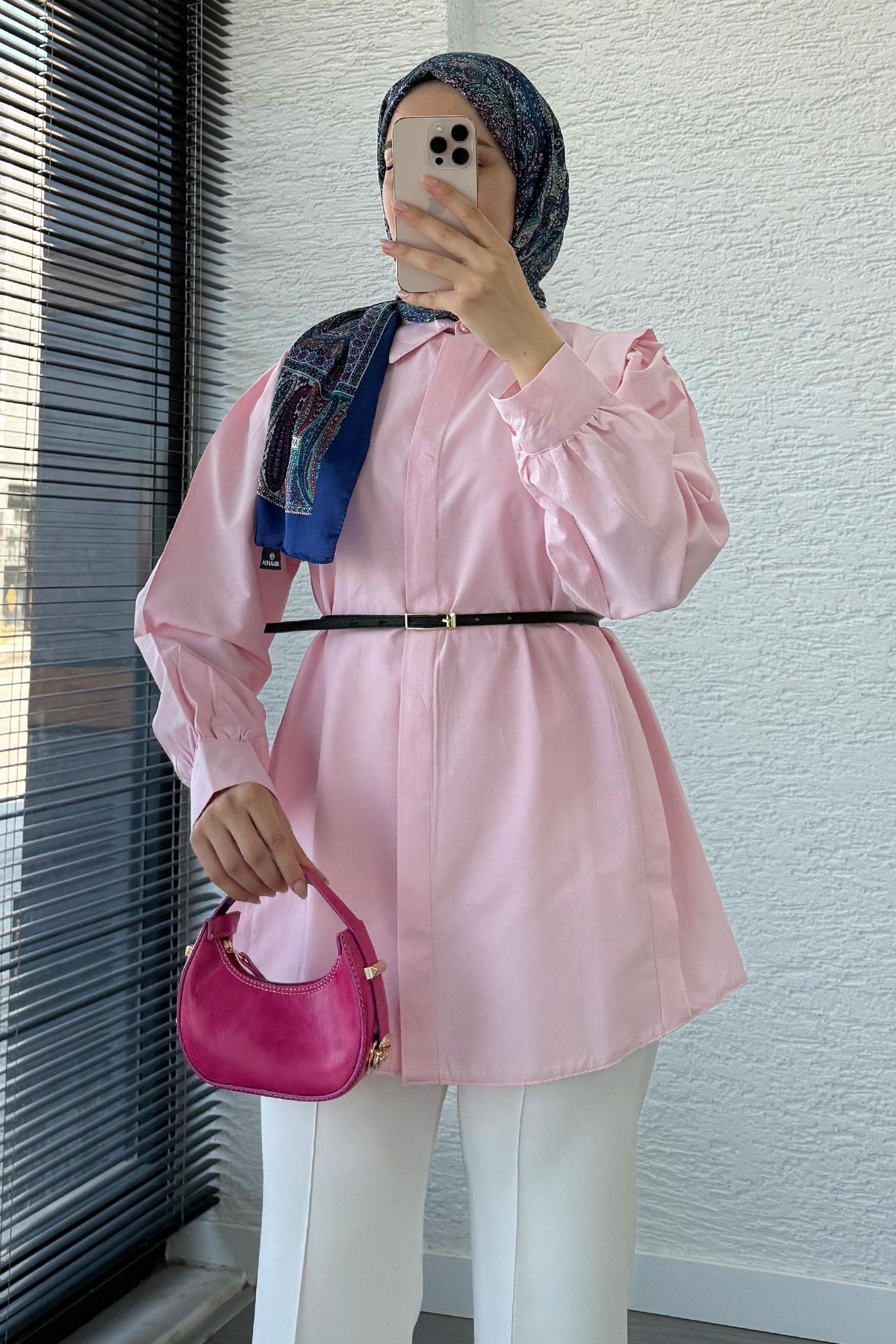 Kemer Detaylı Poplin Tunik Gömlek -Pembe