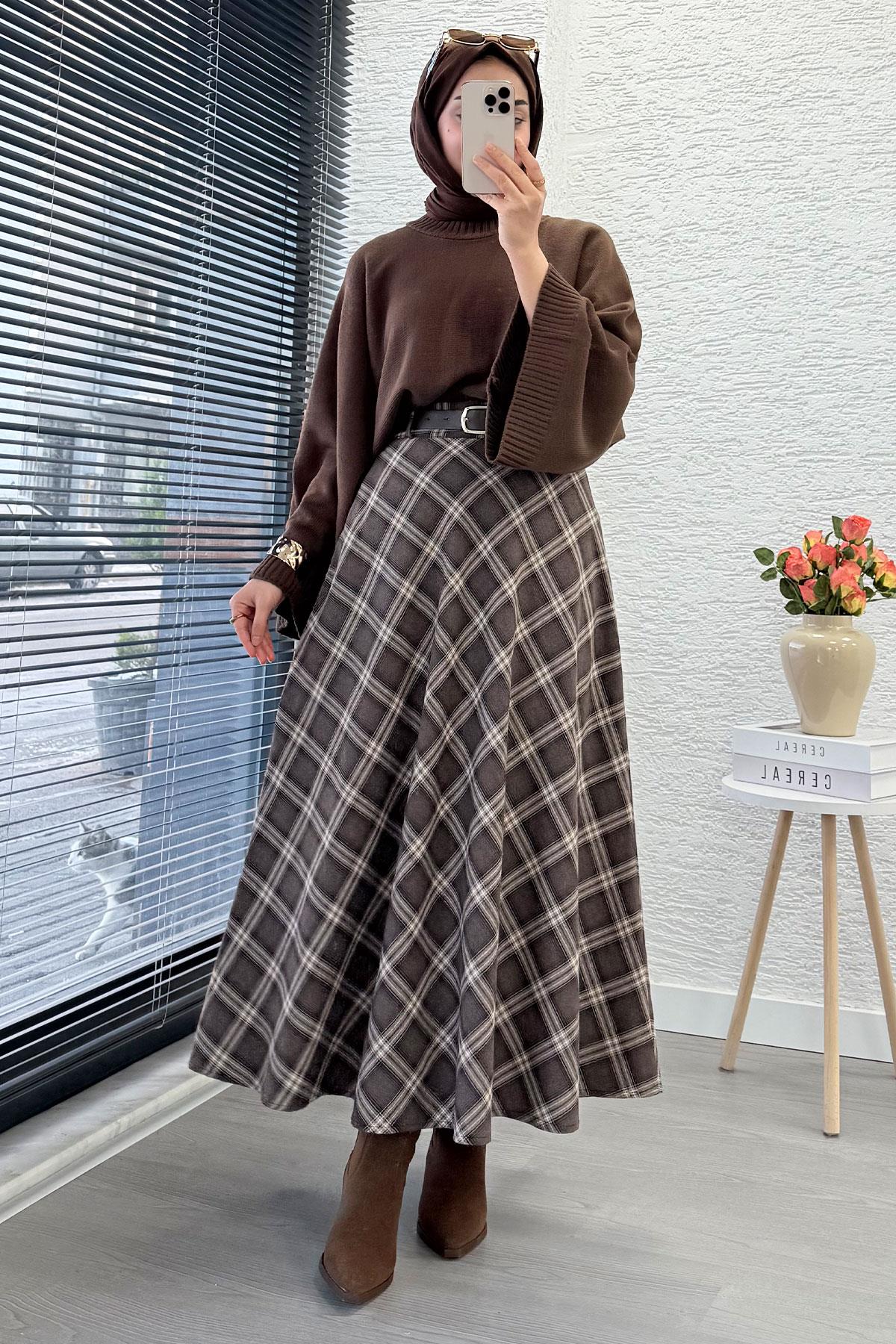 Kemerli Yandan Fermuarlı Ekose Desen Etek - Kahverengi