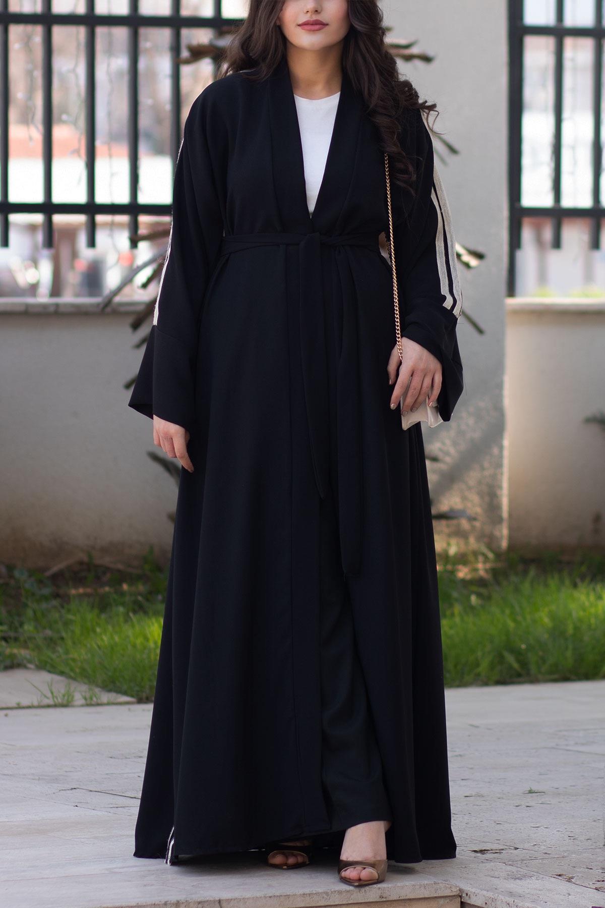 Keten Şeritli Abaya-Siyah