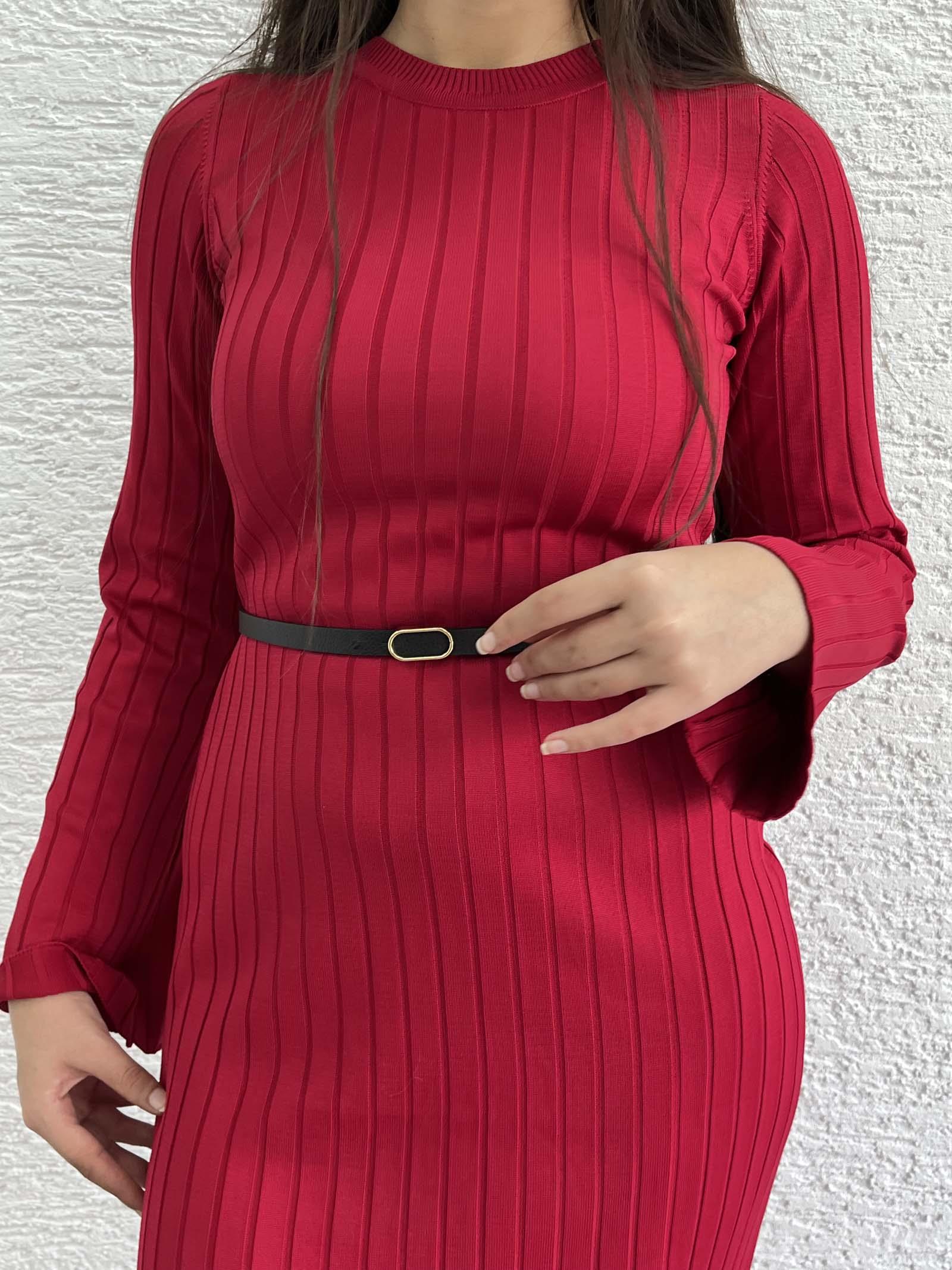 Kırmızı Fitilli Triko Elbise