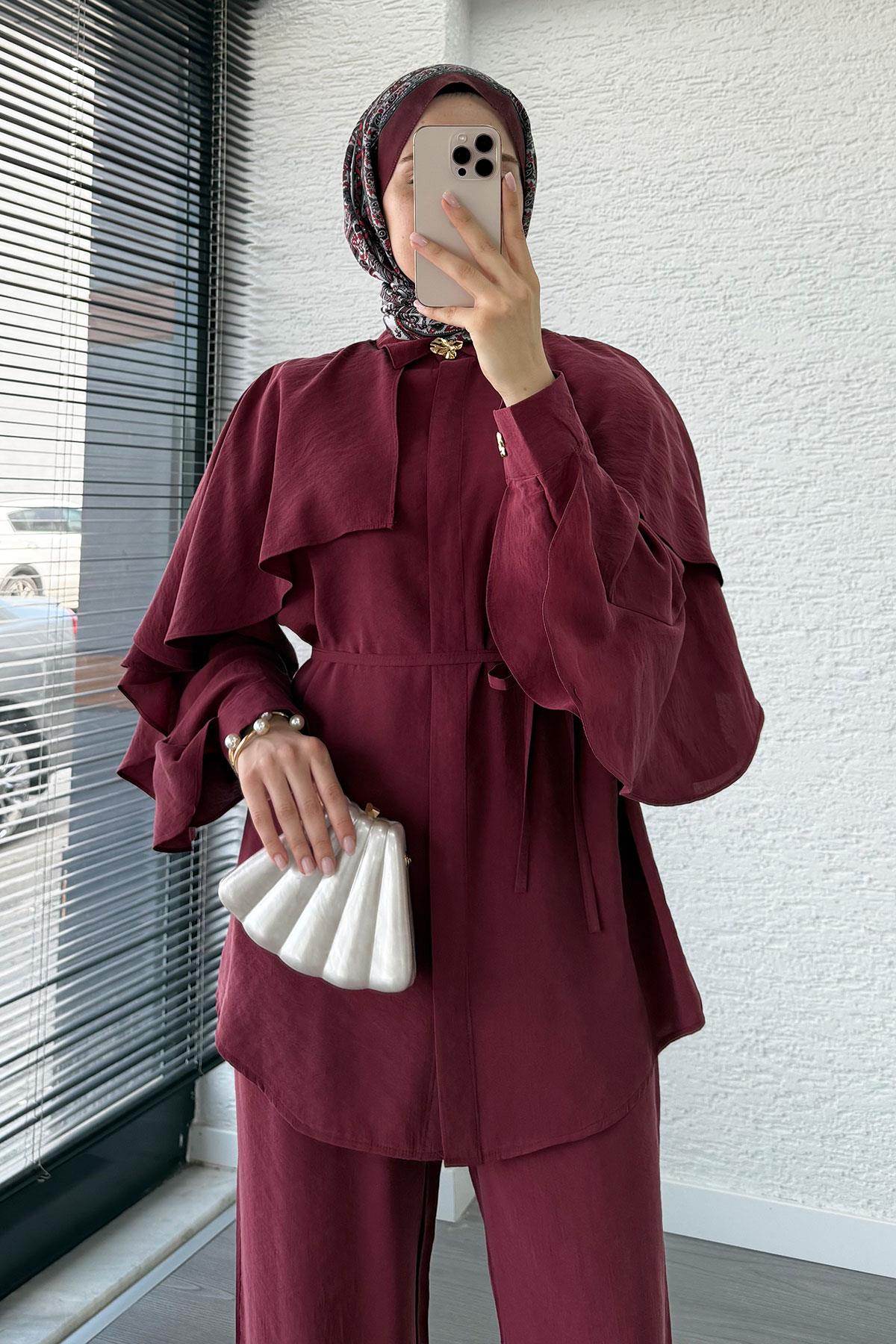 Kol Fırfır Detay Tunik Pantolon Takım -Bordo