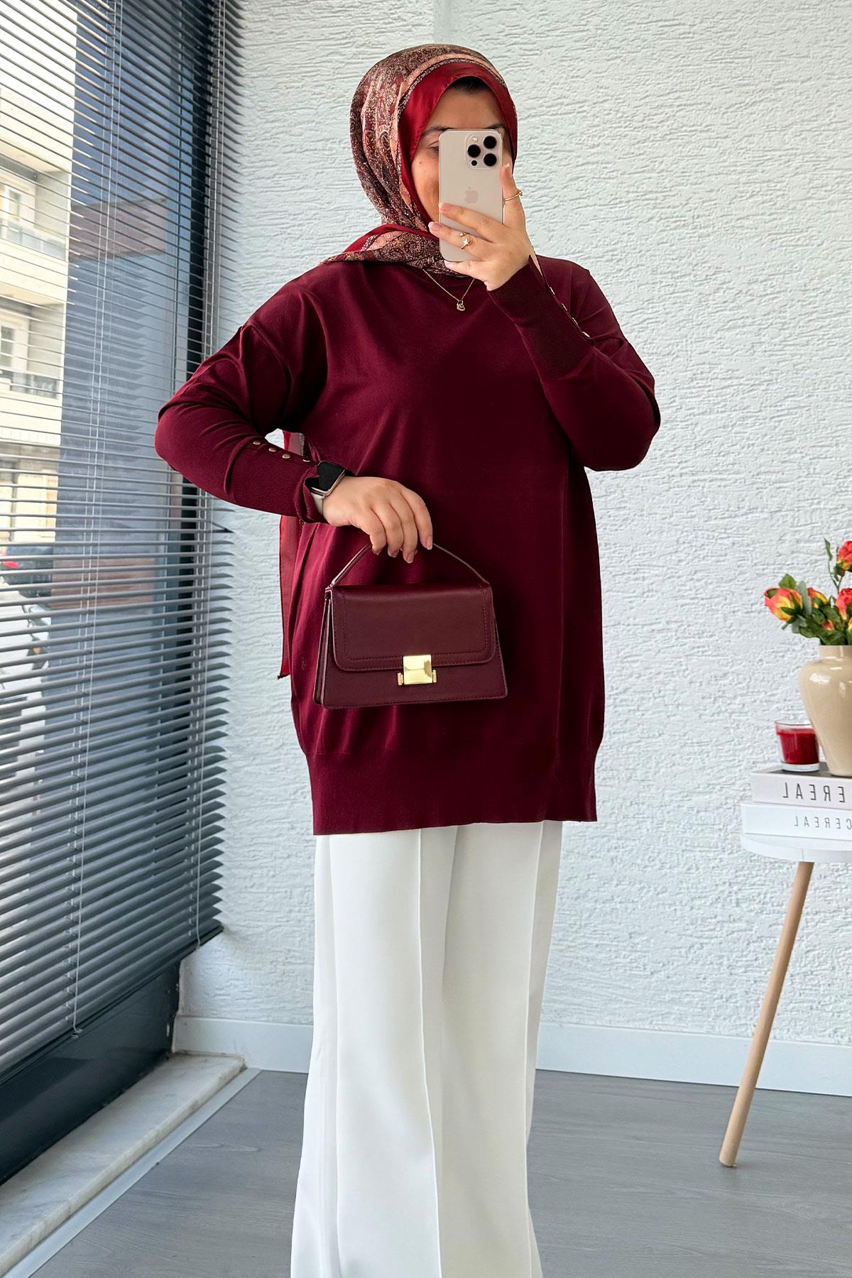 Kolu Düğme Detaylı Merserize Kadın Tunik – Bordo