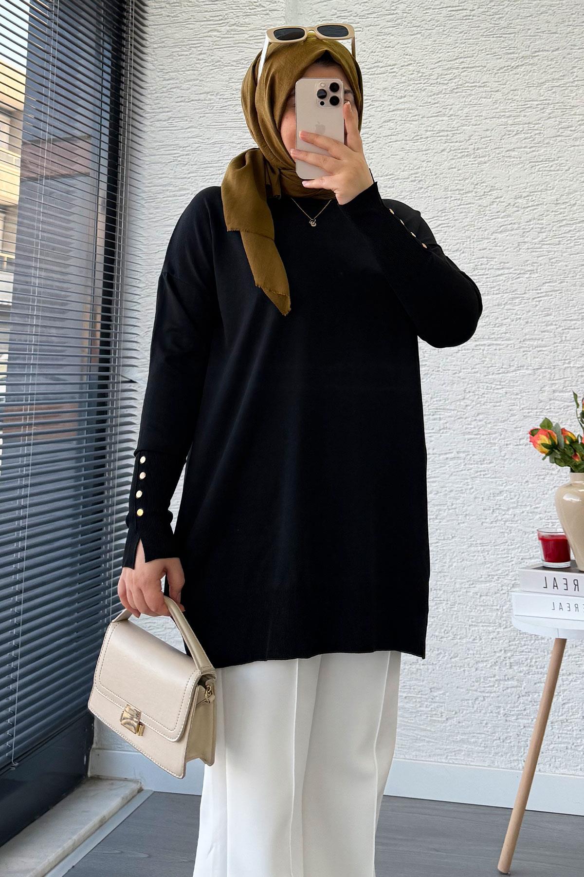 Kolu Düğme Detaylı Merserize Kadın Tunik – Siyah