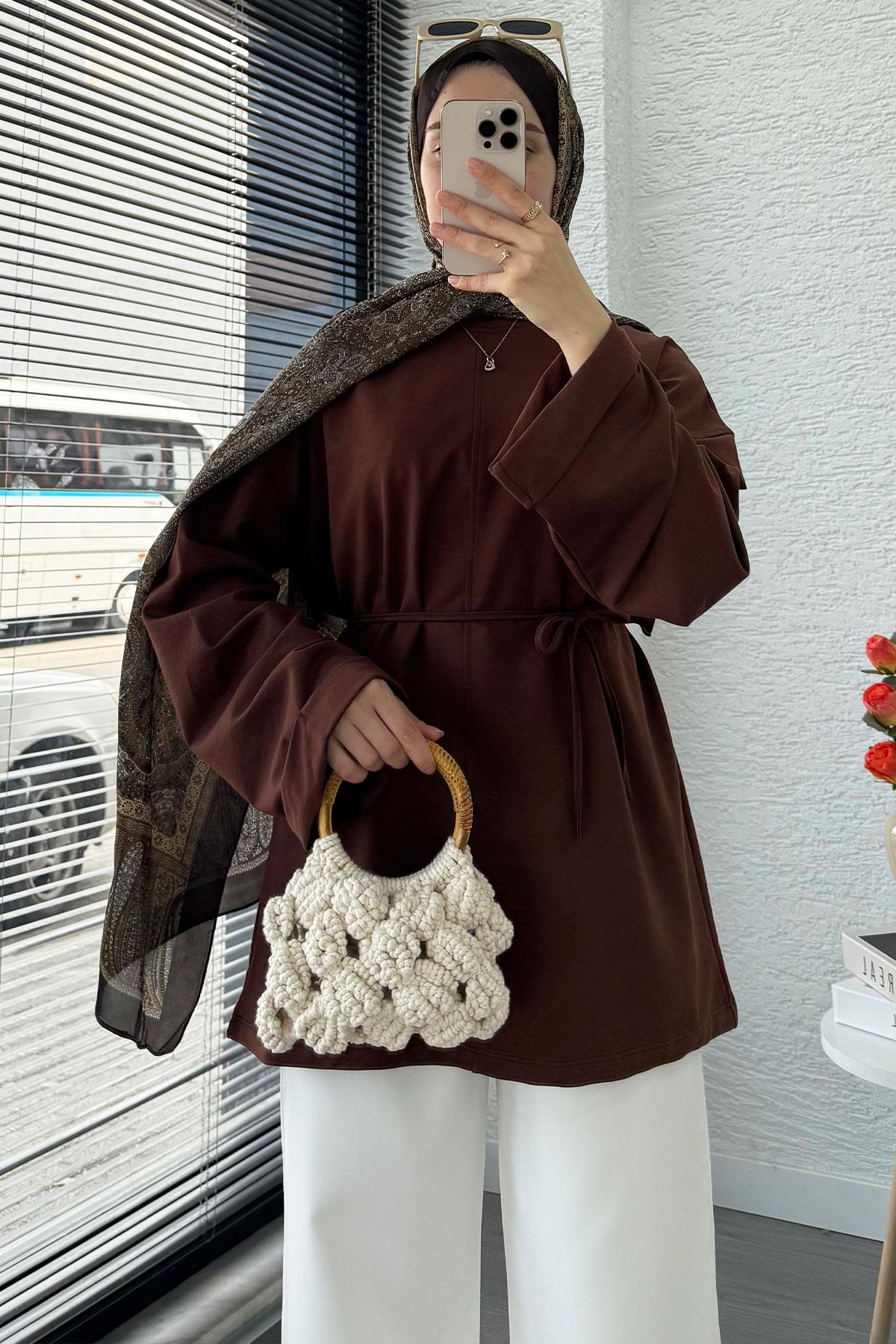 Kolu Katlı Basic Yazlık Tunik – Kahverengi