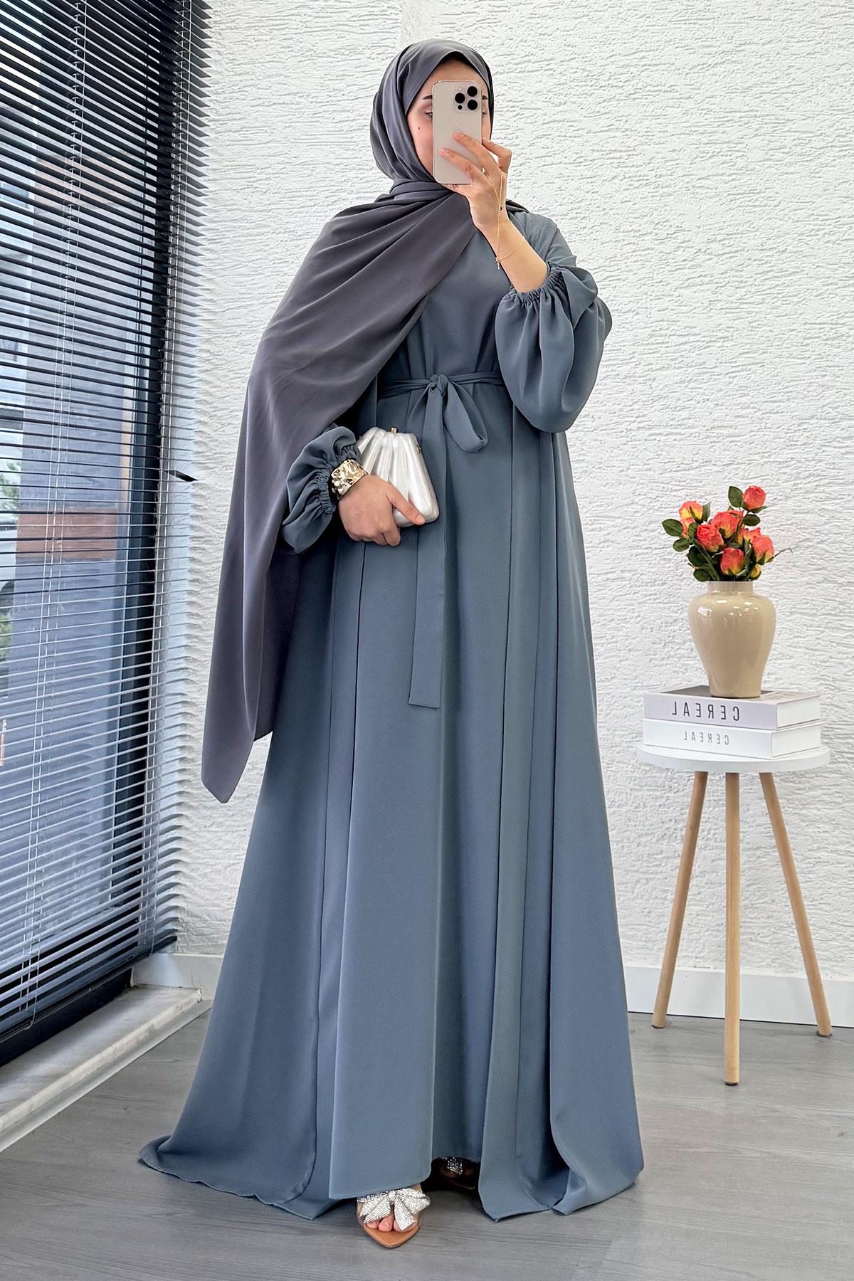 Kolu Lastikli İkili Abaya Takım – Gri