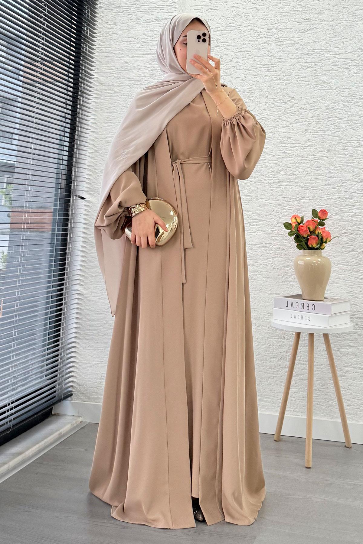 Kolu Lastikli İkili Abaya Takım – Vizon