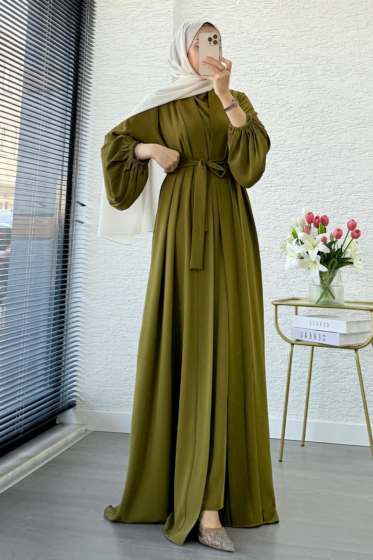 Kolu Lastikli İkili Abaya Takım – Yağ Yeşili