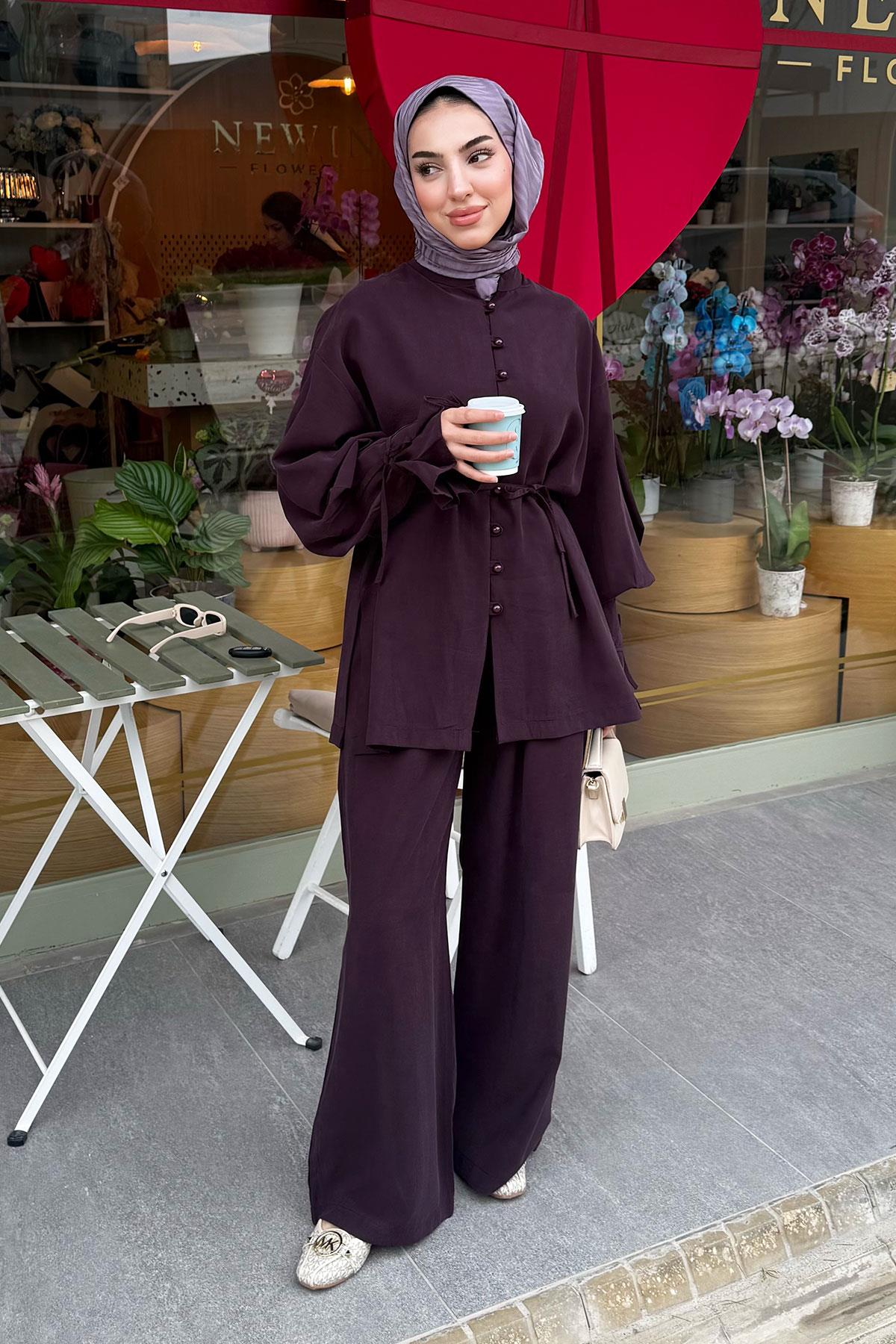 Kolu Pileli Önden Düğmeli Kadın İkili Takım - Mürdüm