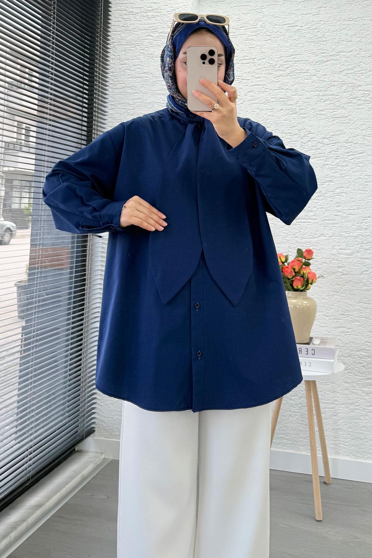 Kravat Yaka Oversize Kadın Gömlek Tunik – Lacivert