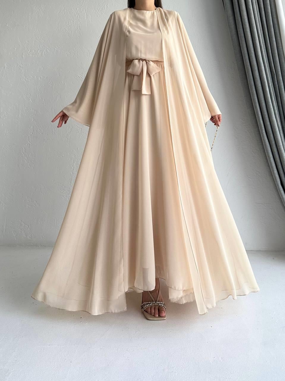 Krem Bella Şifon Abaya Takım