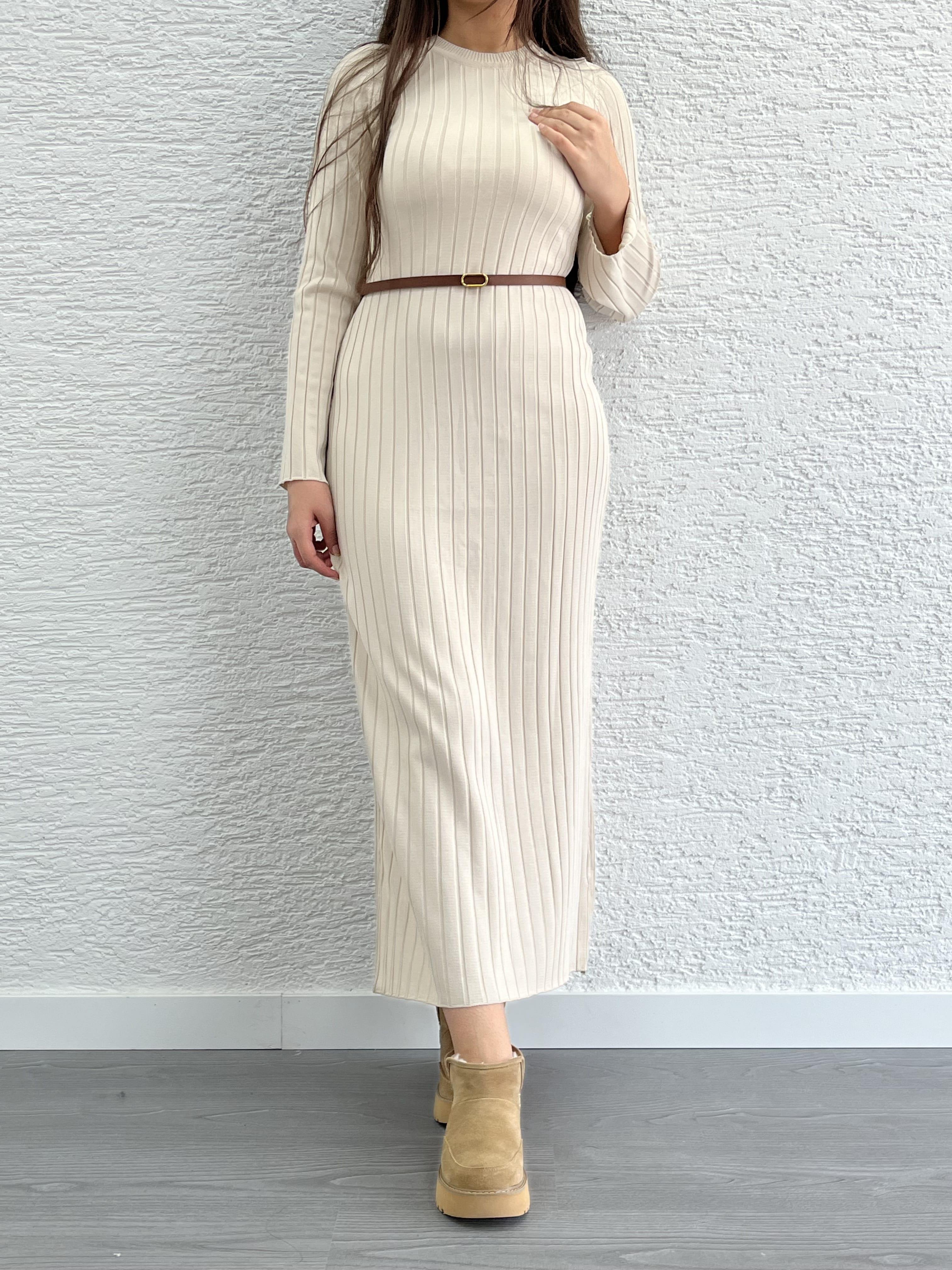 Krem Fitilli Triko Elbise