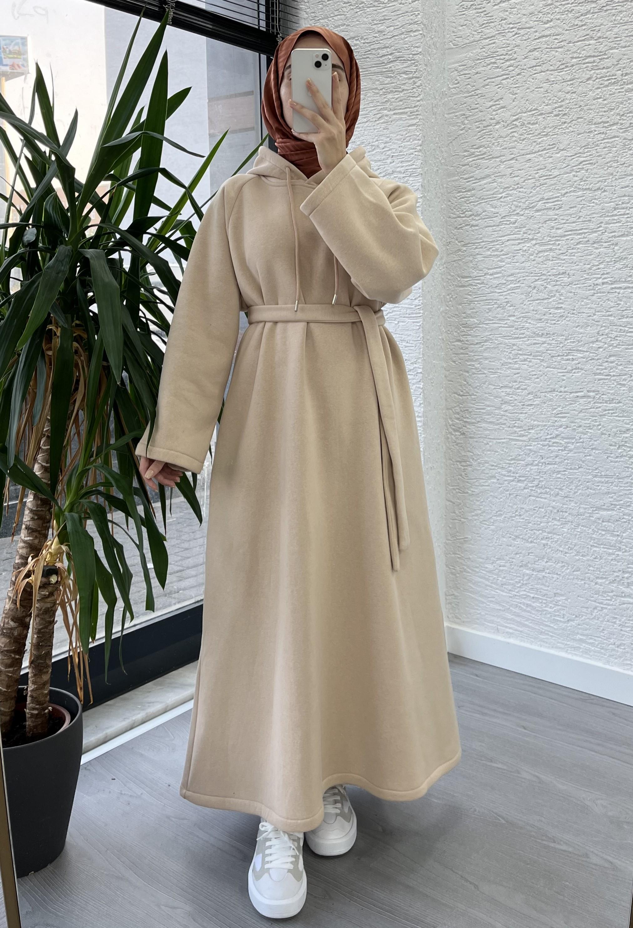 Krem Kapşonlu Oversize Sweat Elbise