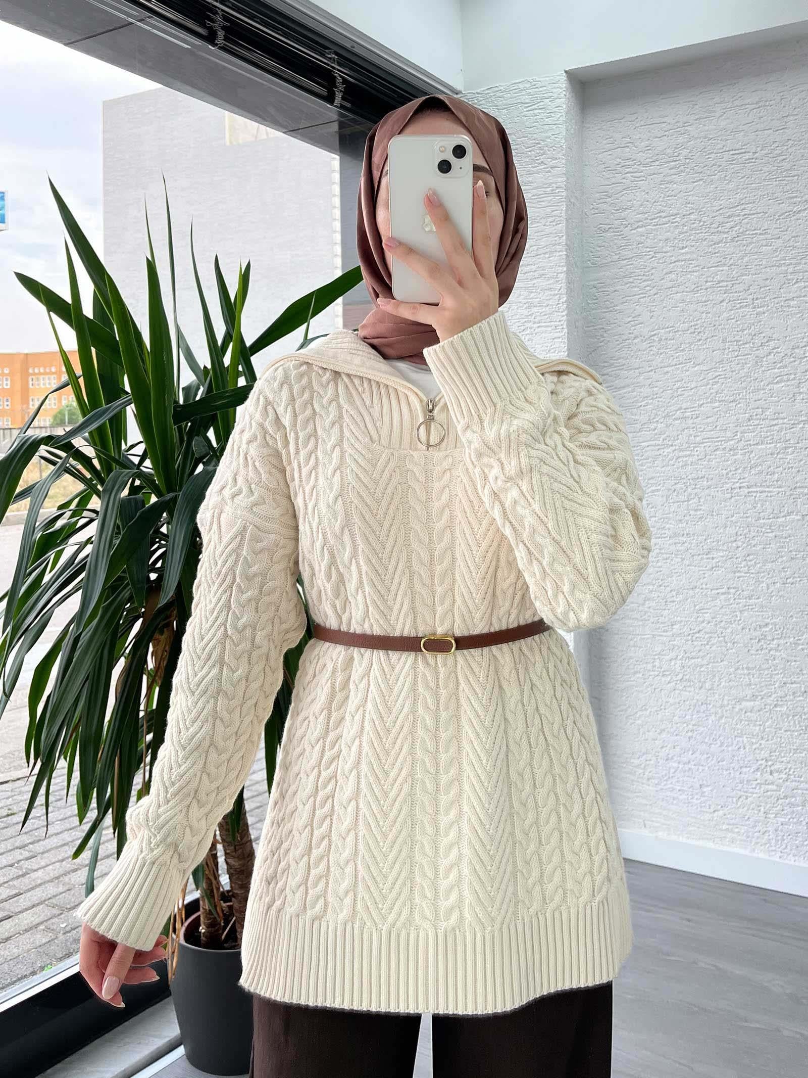 Krem Örgü Desen Kazak Tunik