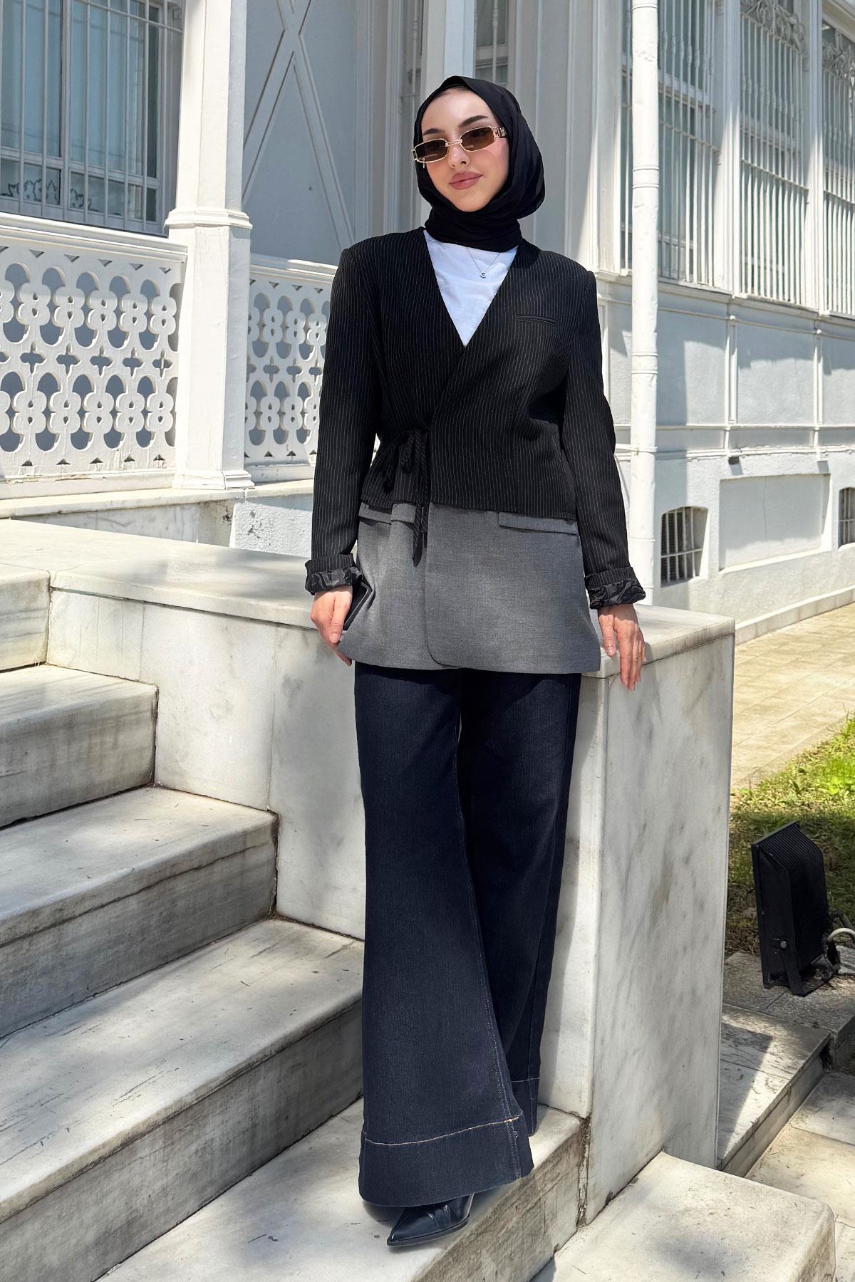 Kruvaze Yaka Blazer Kadın Ceket -Siyah