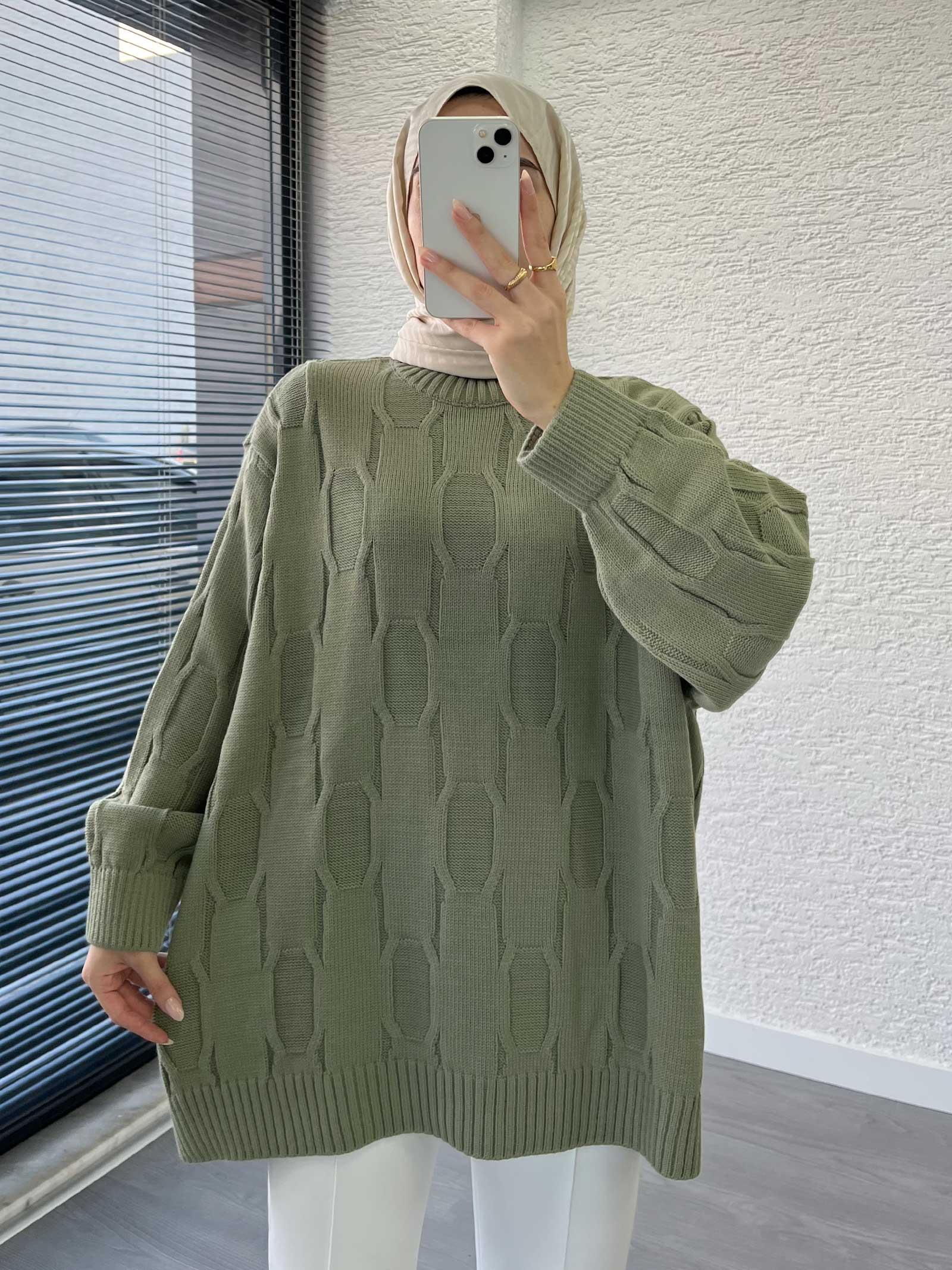 Küf Yeşili Kare Desenli Oversize Kadın Kazak