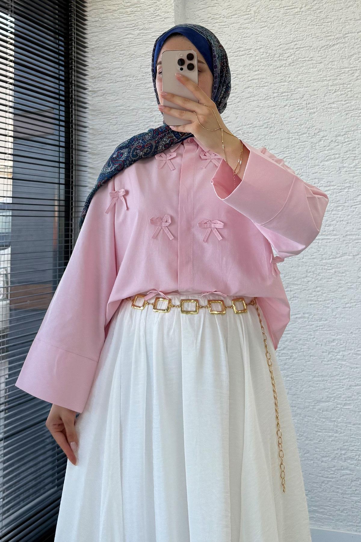 Kurdele Detaylı Kısa Poplin Gömlek - Pembe