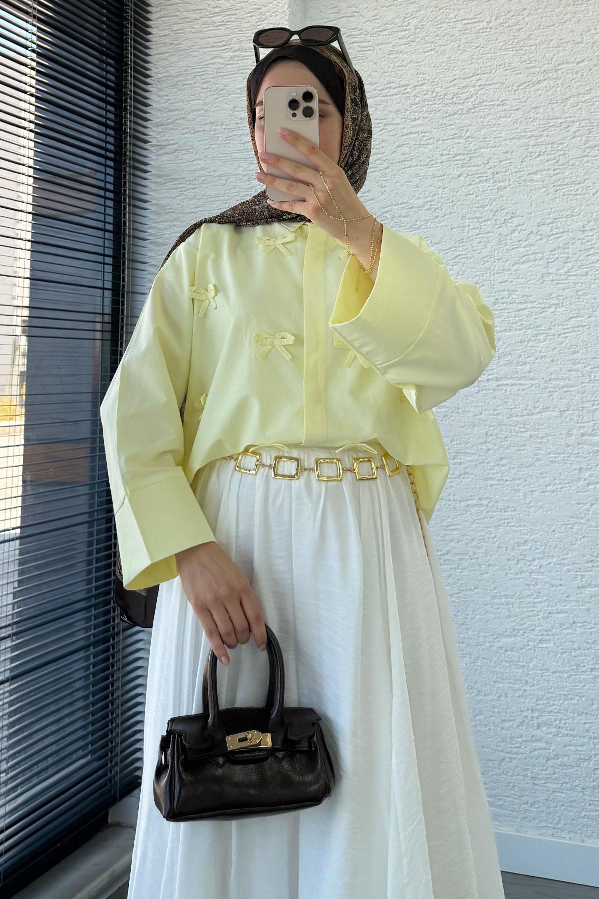 Kurdele Detaylı Kısa Poplin Gömlek -Sarı
