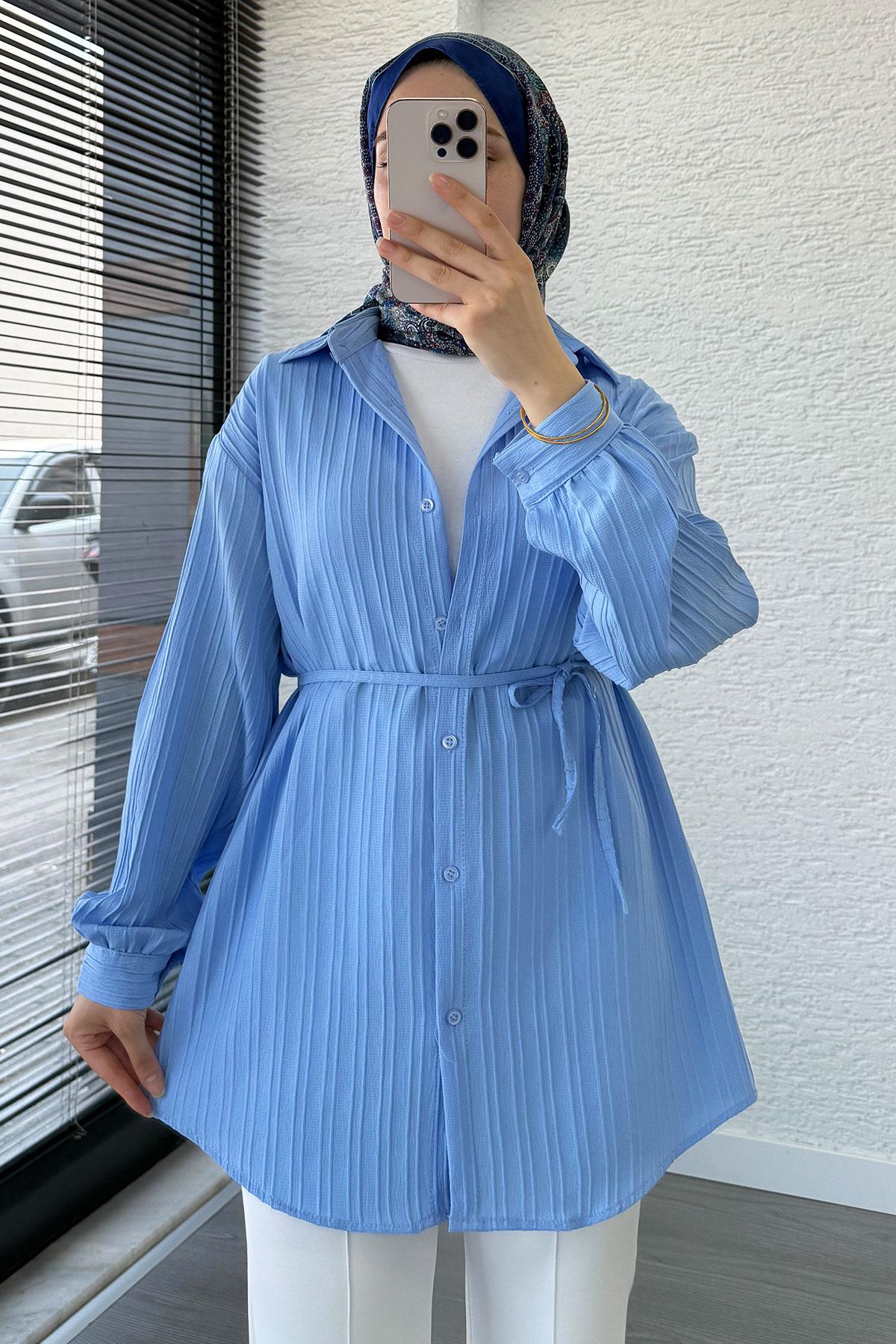Kuşak Detaylı Oversize Yazlık Gömlek - Mavi