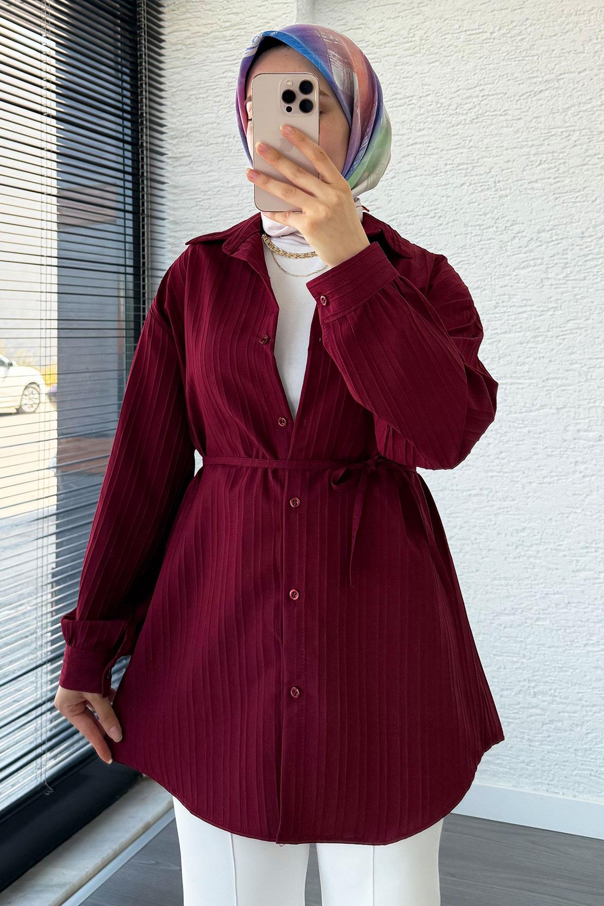 Kuşak Detaylı Oversize Yazlık Tunik - Bordo