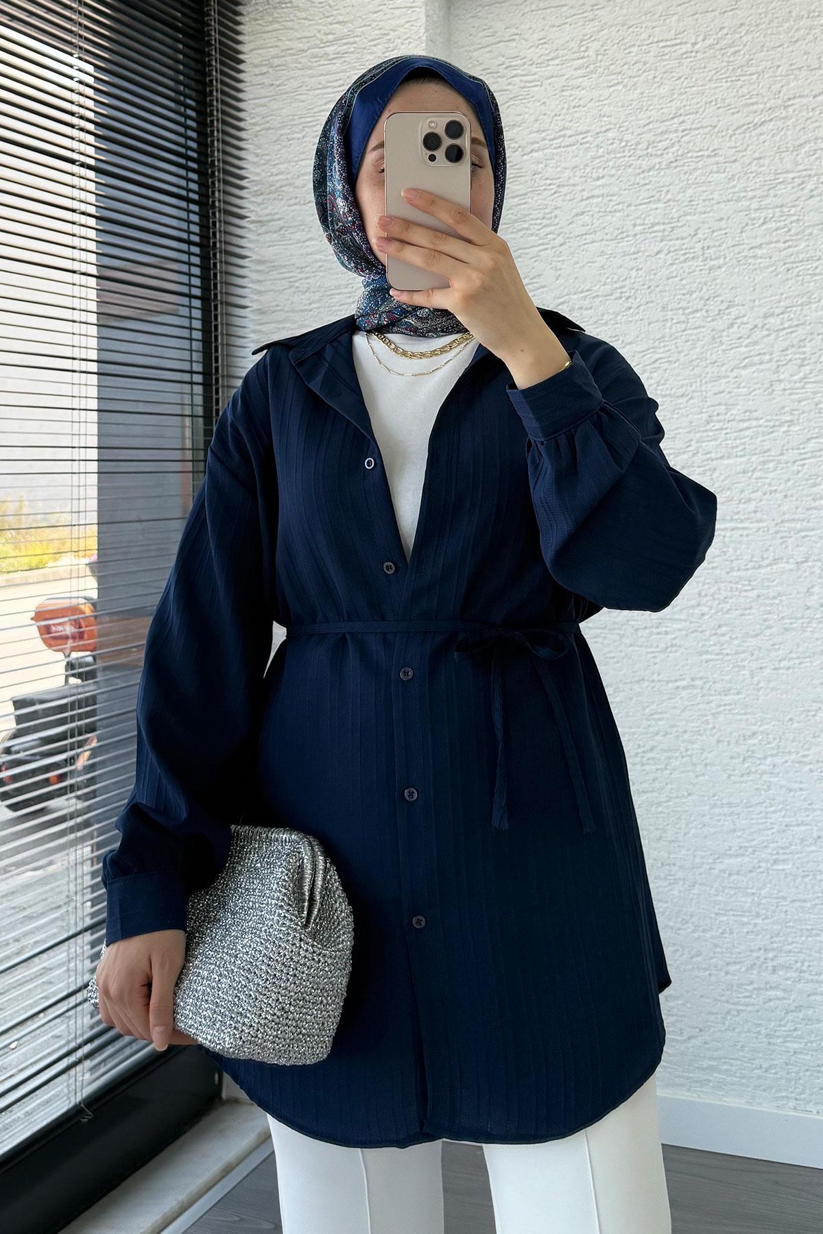 Kuşak Detaylı Oversize Yazlık Tunik - Lacivert