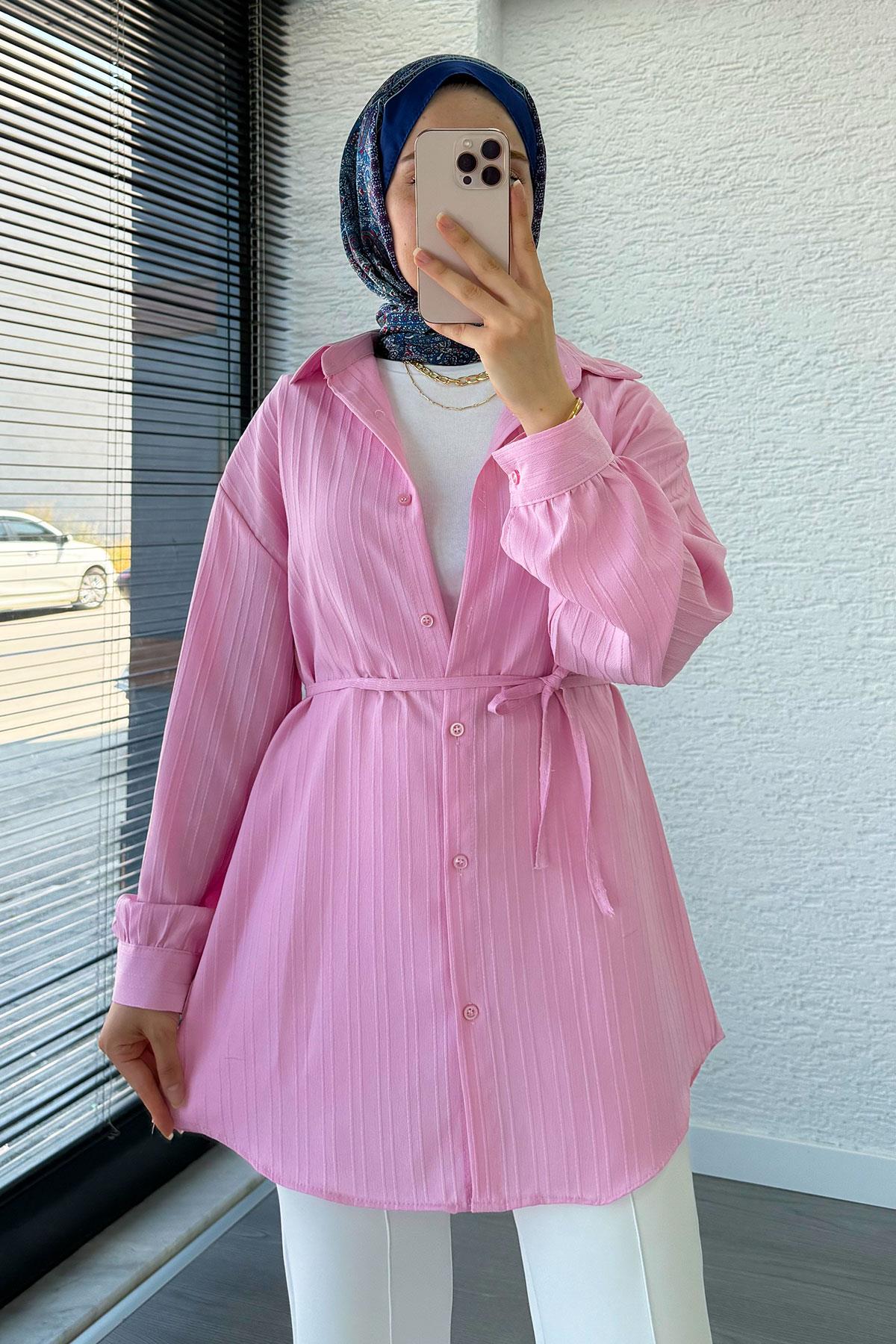 Kuşak Detaylı Oversize Yazlık Tunik - Pembe