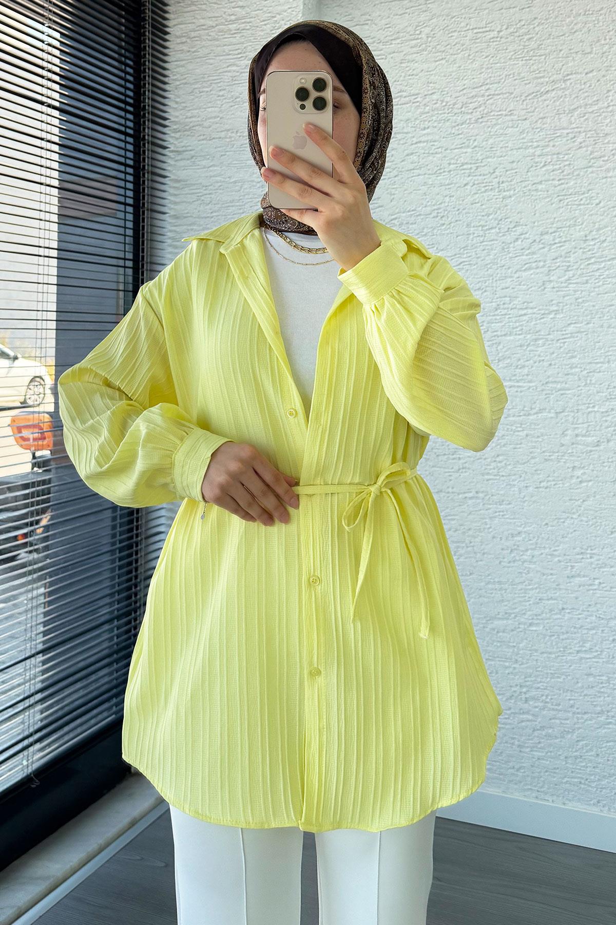 Kuşak Detaylı Oversize Yazlık Tunik - Sarı