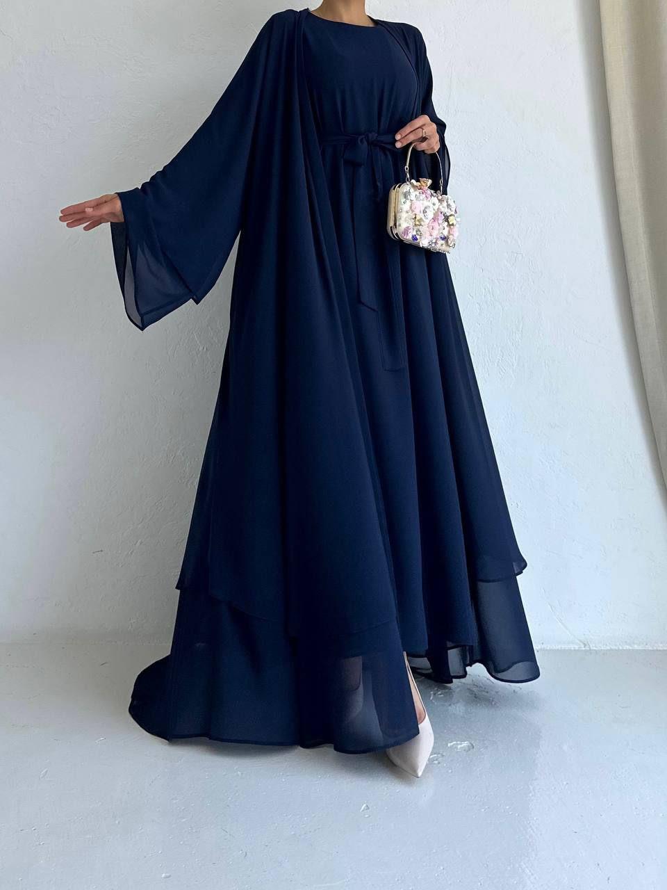 Lacivert Anna Şifon Abaya Takım