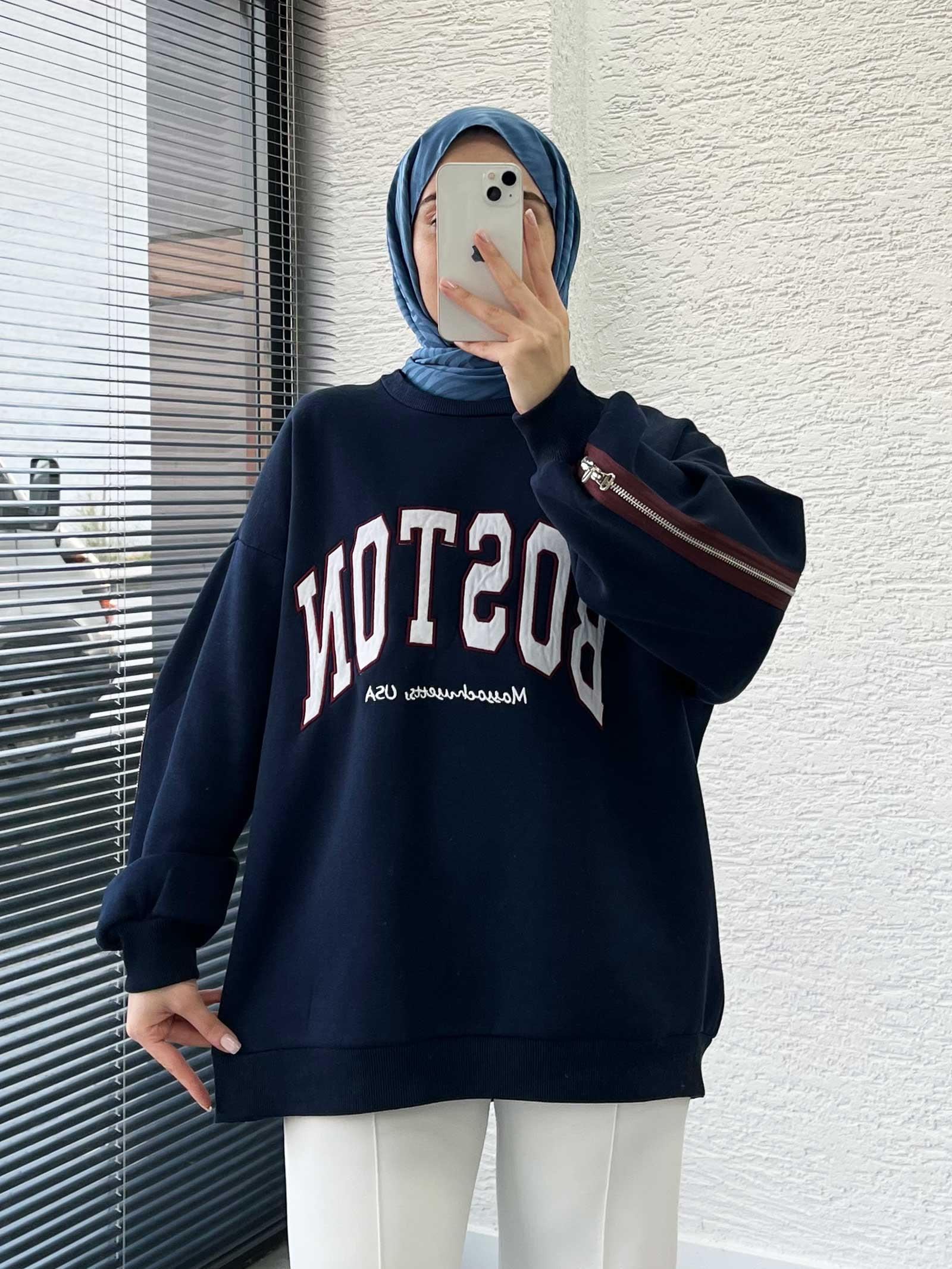 Lacivert Arka Fermuarlı Oversize Kadın Sweat