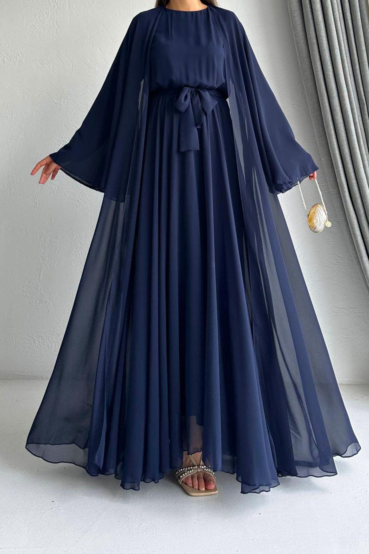 Lacivert Bella Şifon Abaya Takım 