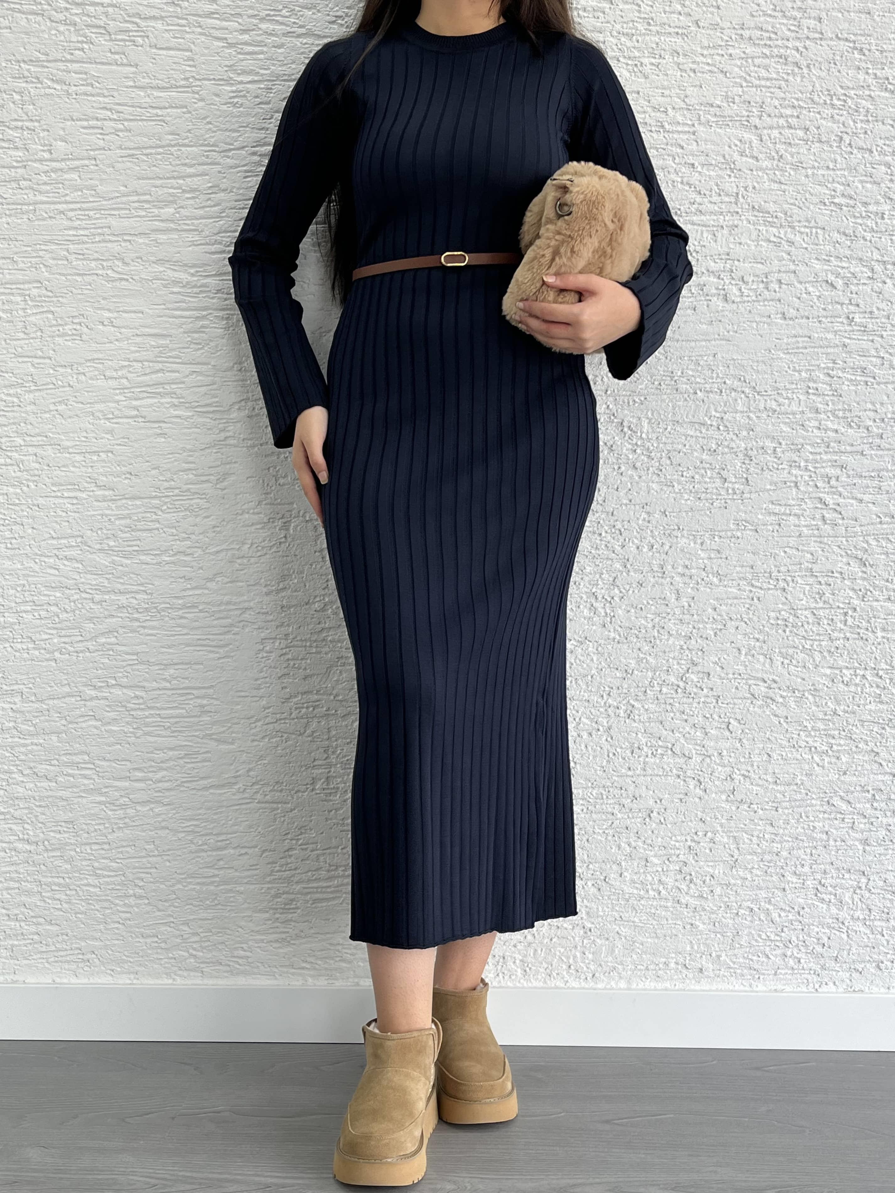 Lacivert Fitilli Triko Elbise