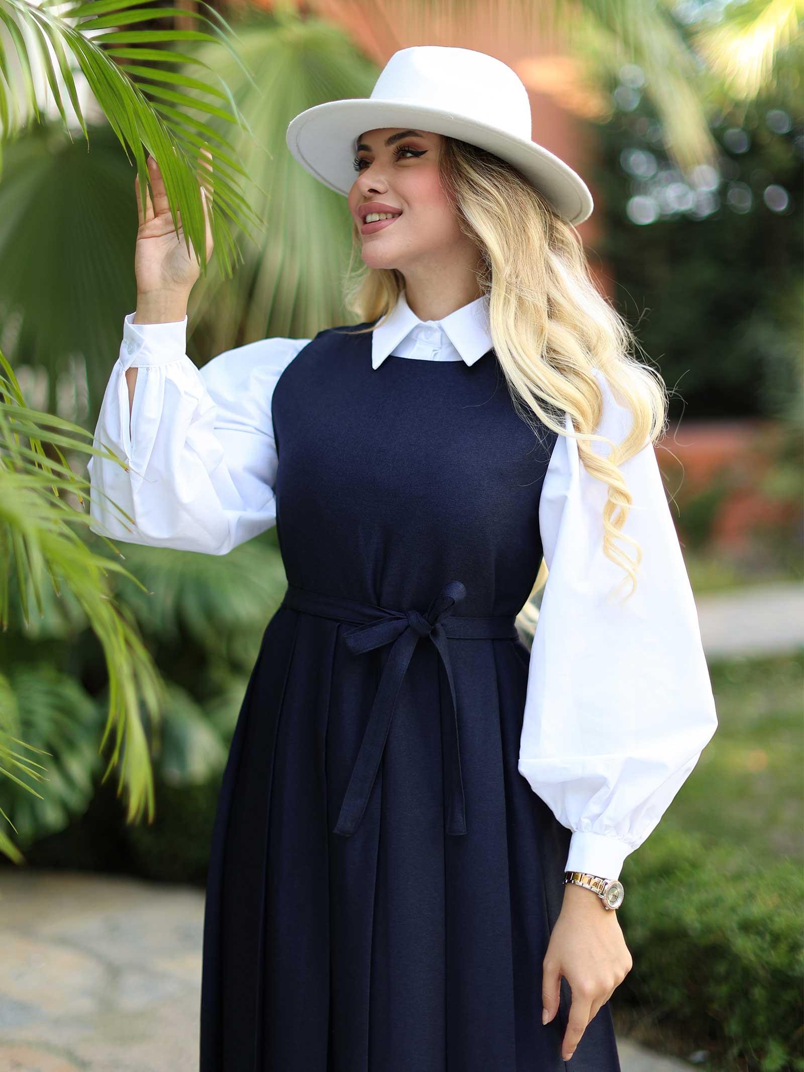 Lacivert Kadın Pileli Jile Elbise