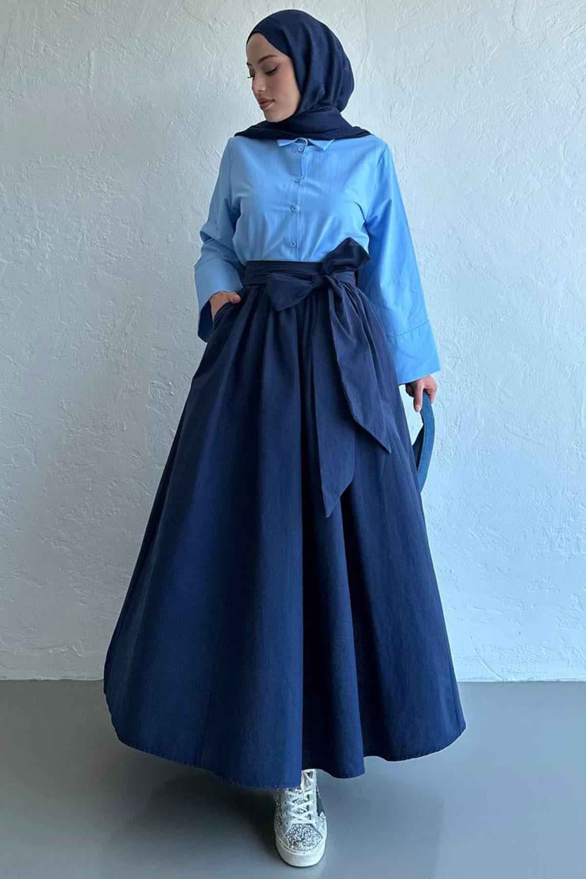 Lacivert Linda Kuşaklı Maxi Etek