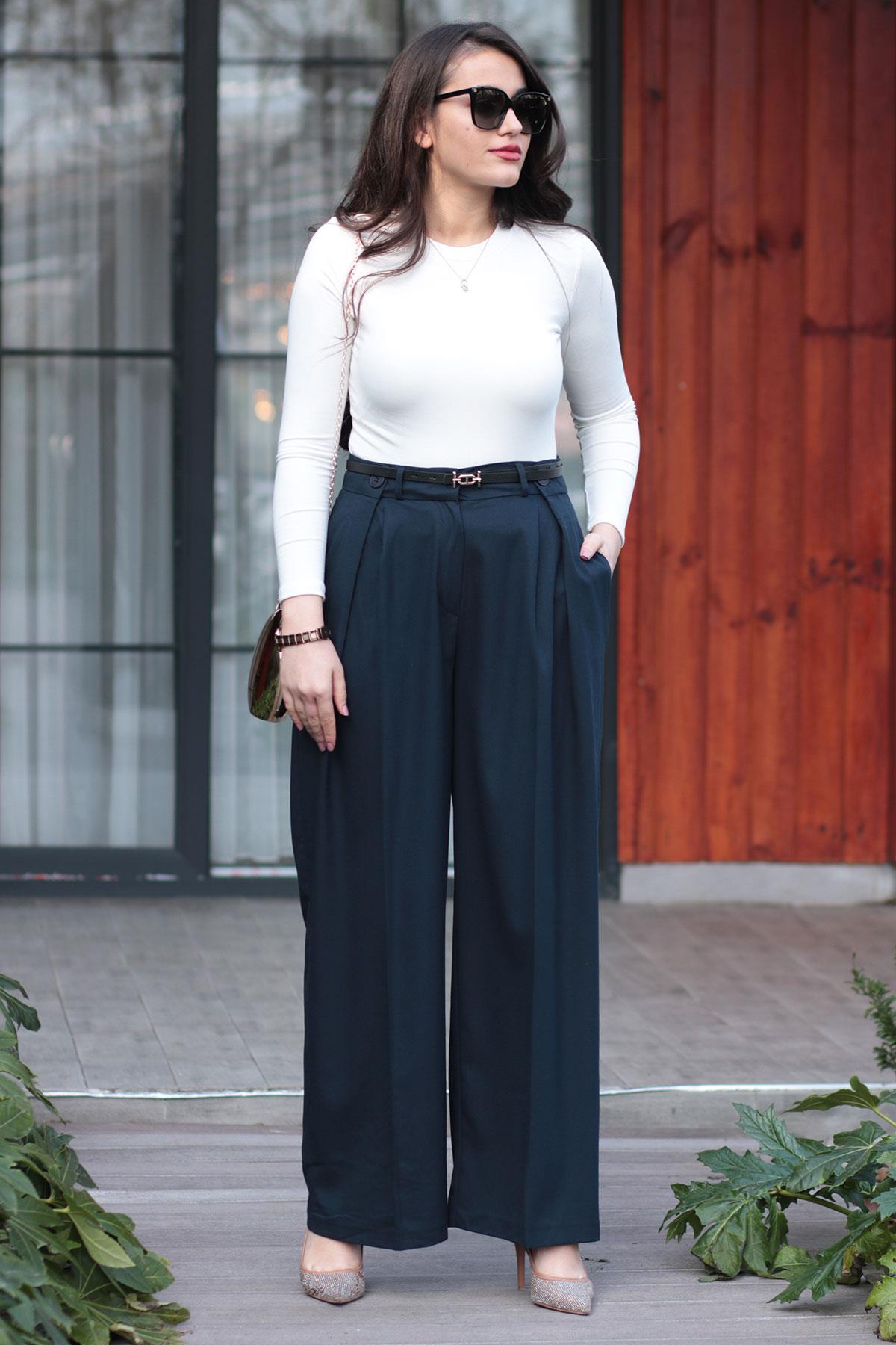 Lacivert Yüksek Bel Palazzo Pantolon