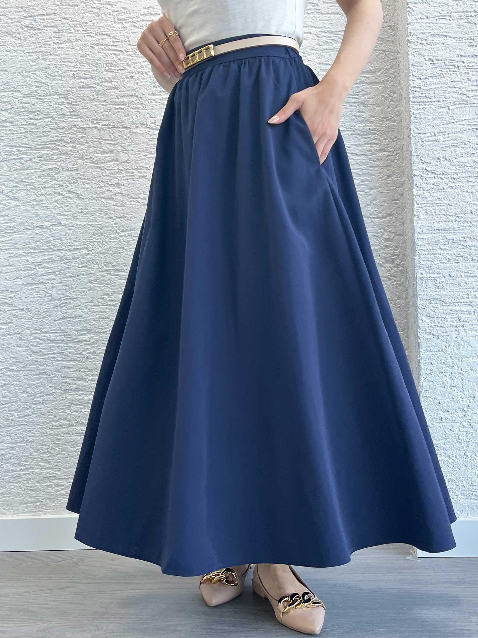 Lacivert Yüksek Bel Pileli Kadın Etek