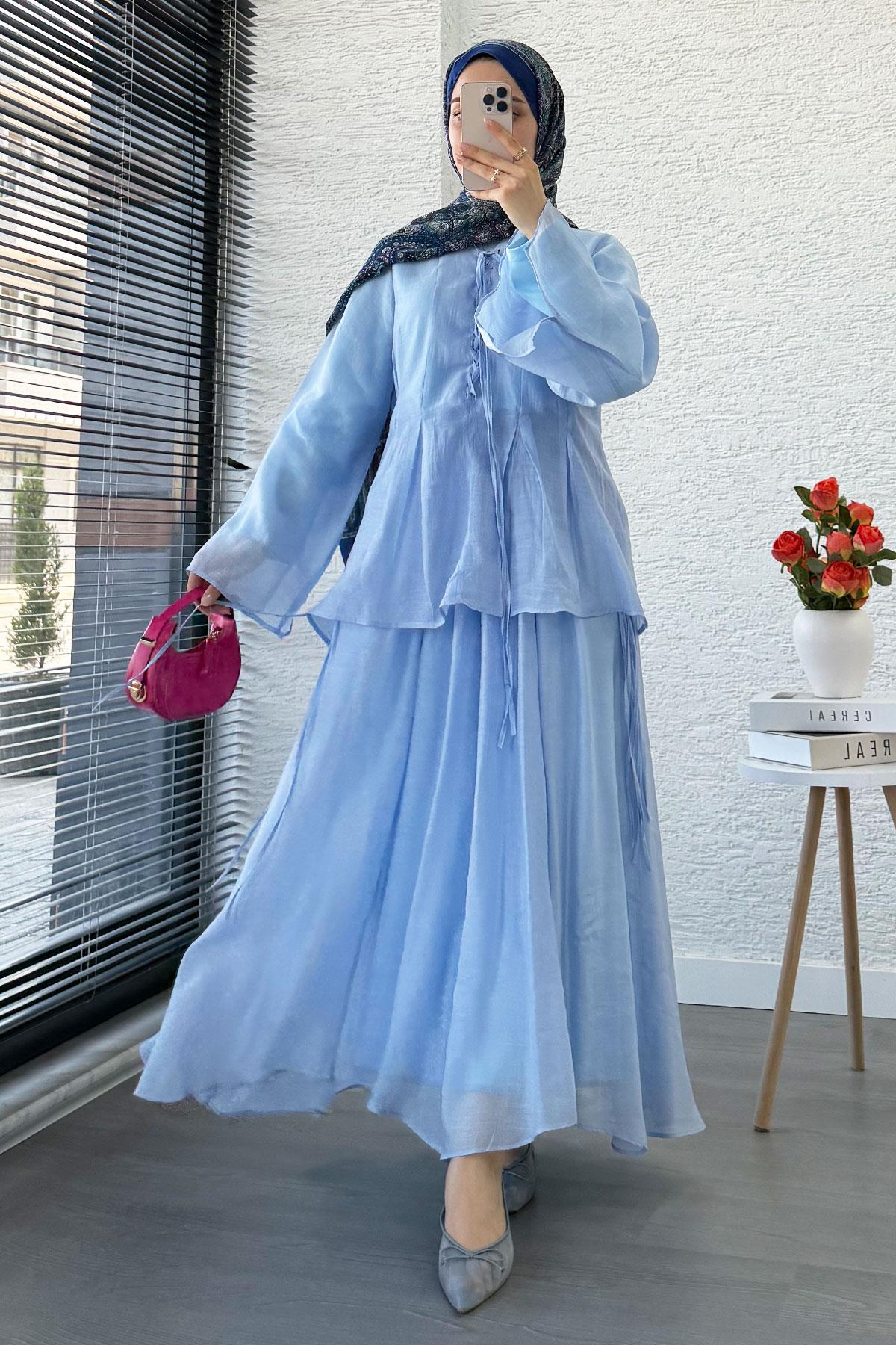 Leona Örgü Yaka Detaylı Vual Takım - Mavi