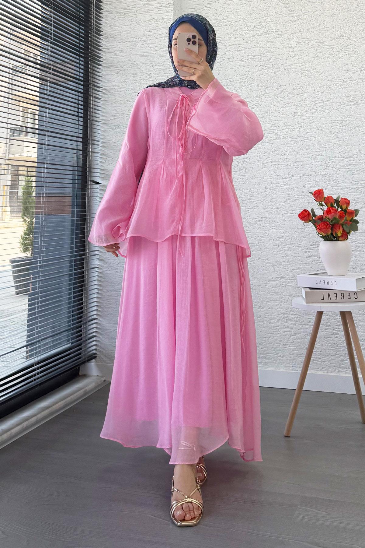 Leona Örgü Yaka Detaylı Vual Takım - Pembe