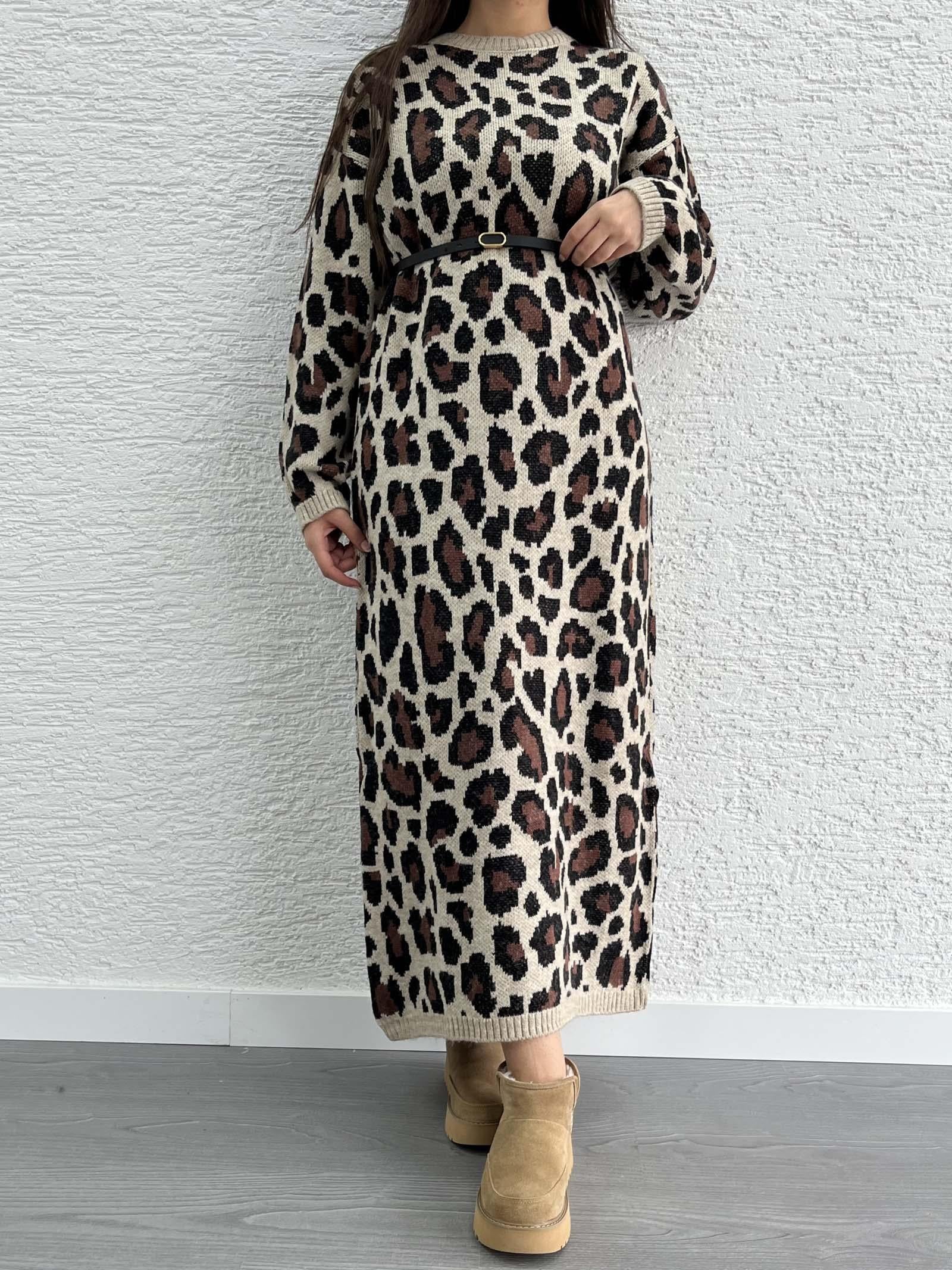 Leopar Desen Triko Elbise