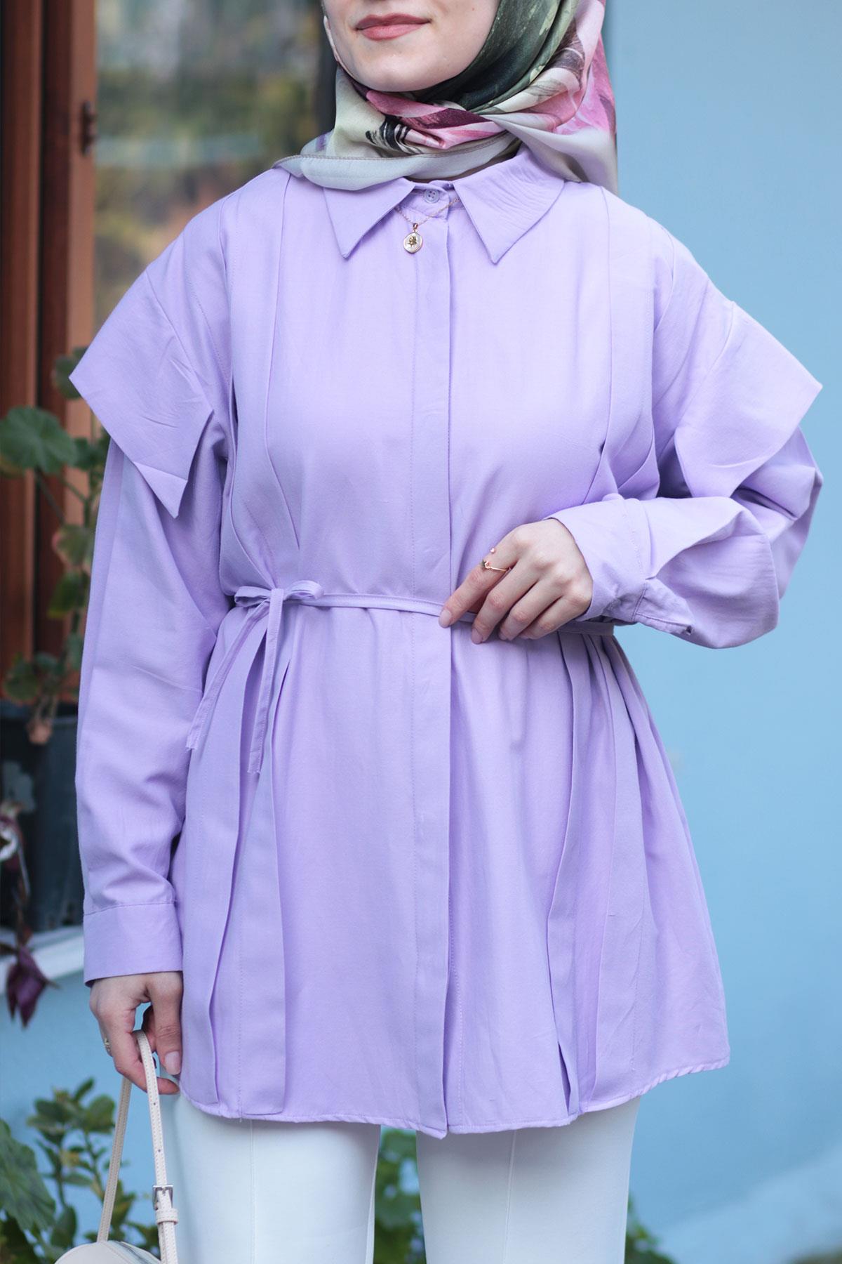 Lila Pileli Kemerli Tunik