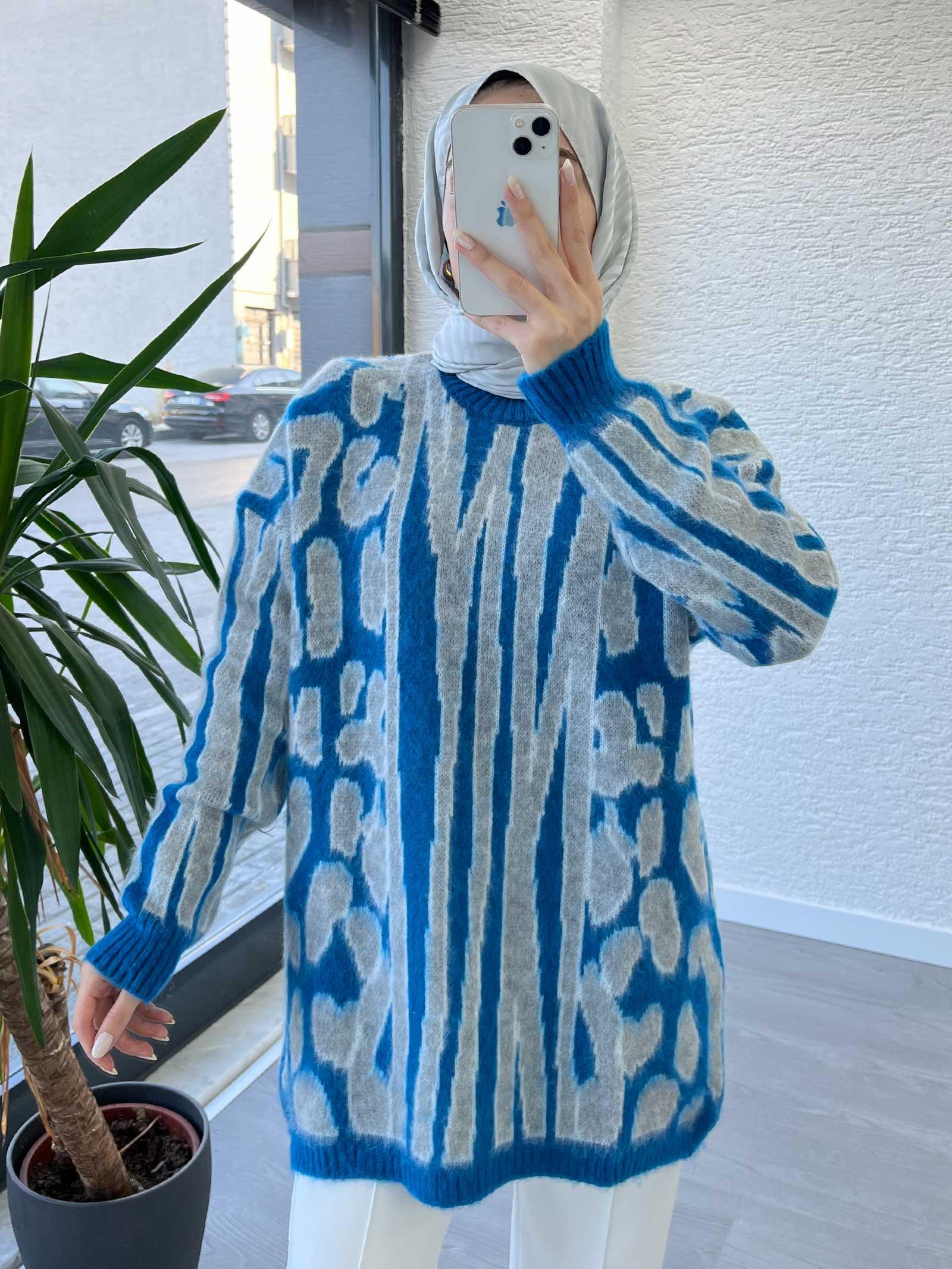 Mavi Leopar Desen Kazak Tunik