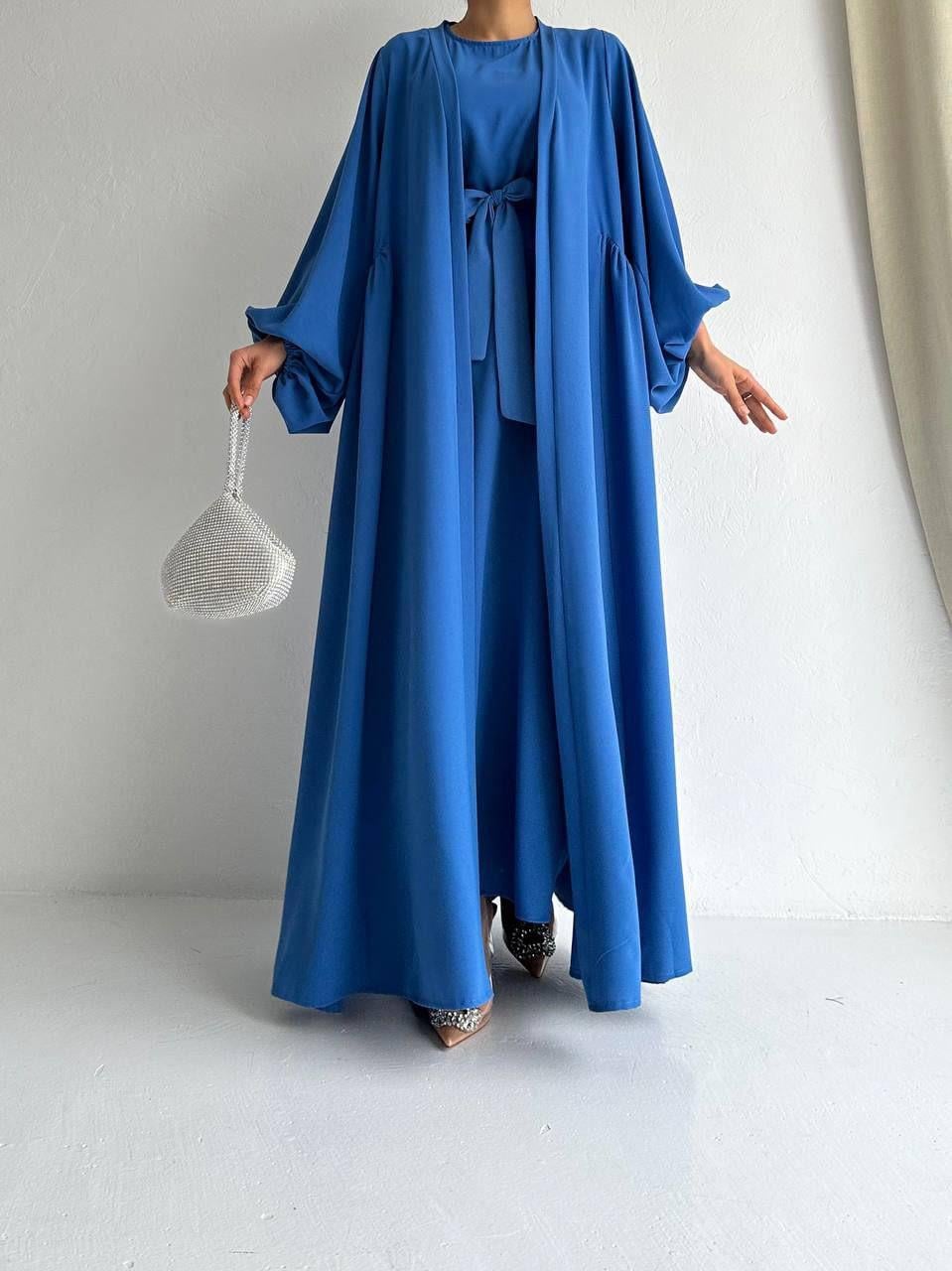 Mavi Yanları Büzgülü Abaya Takım