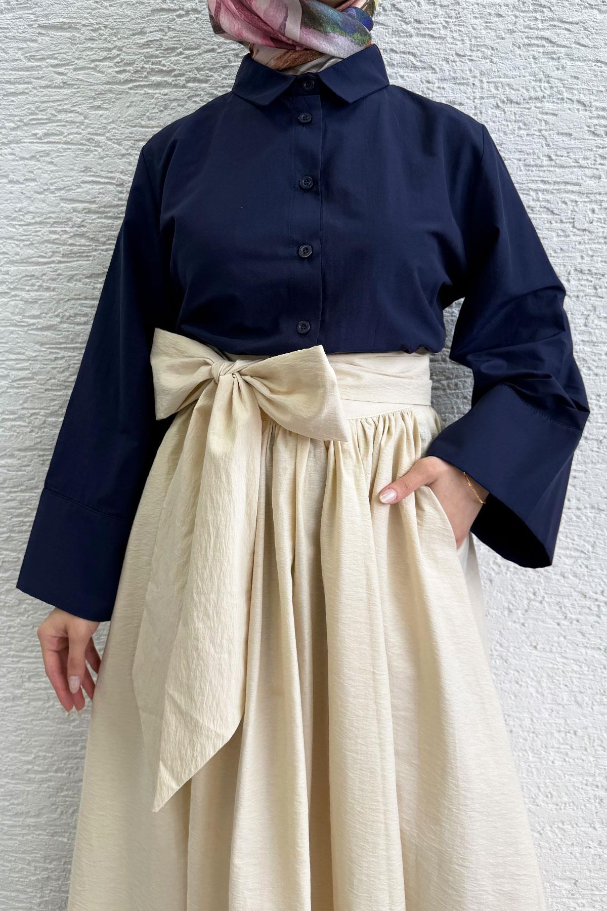 Minimalist Oversize Yarasa Kol Poplin Kadın Gömlek - Lacivert