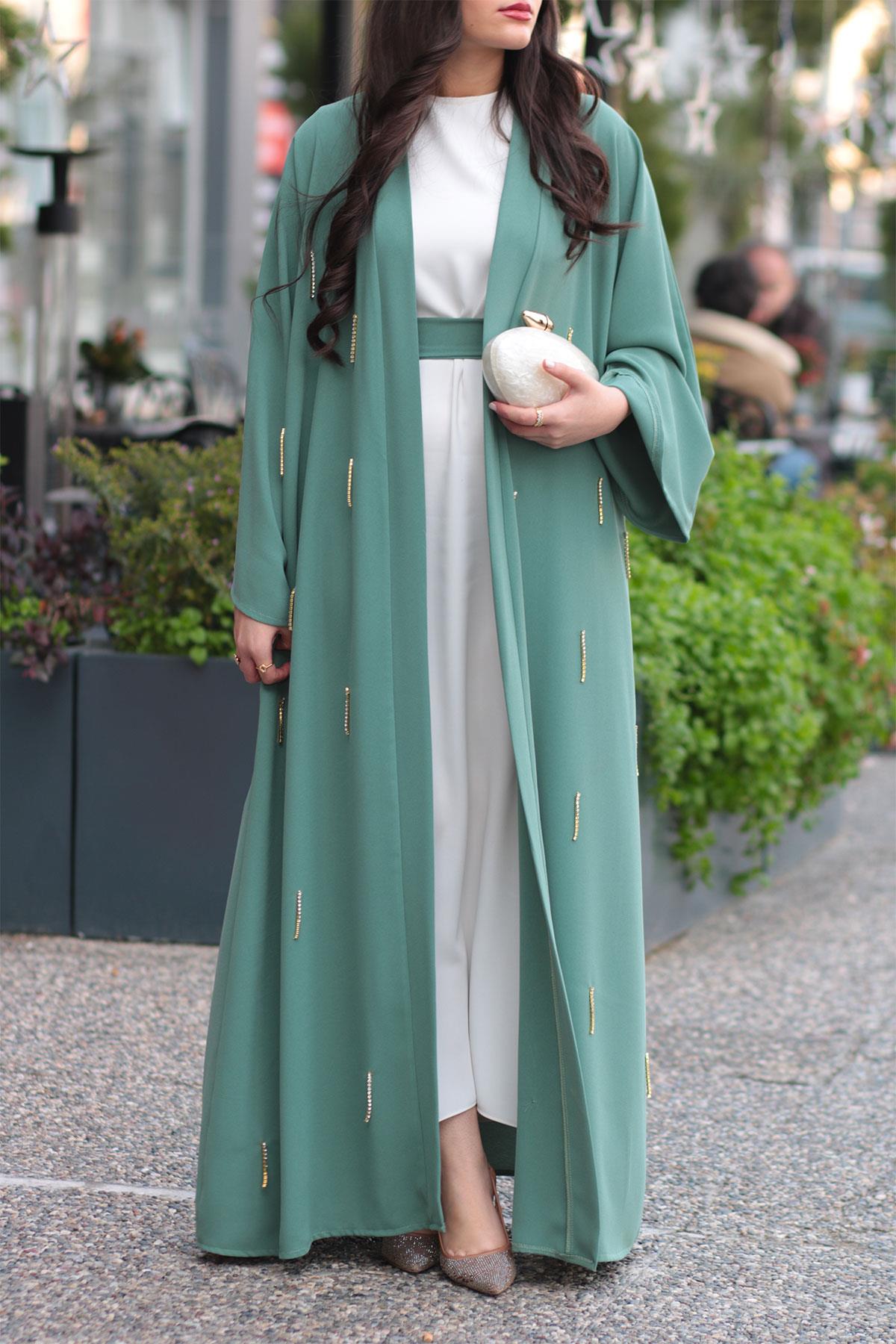Mint Taşlı Abaya 