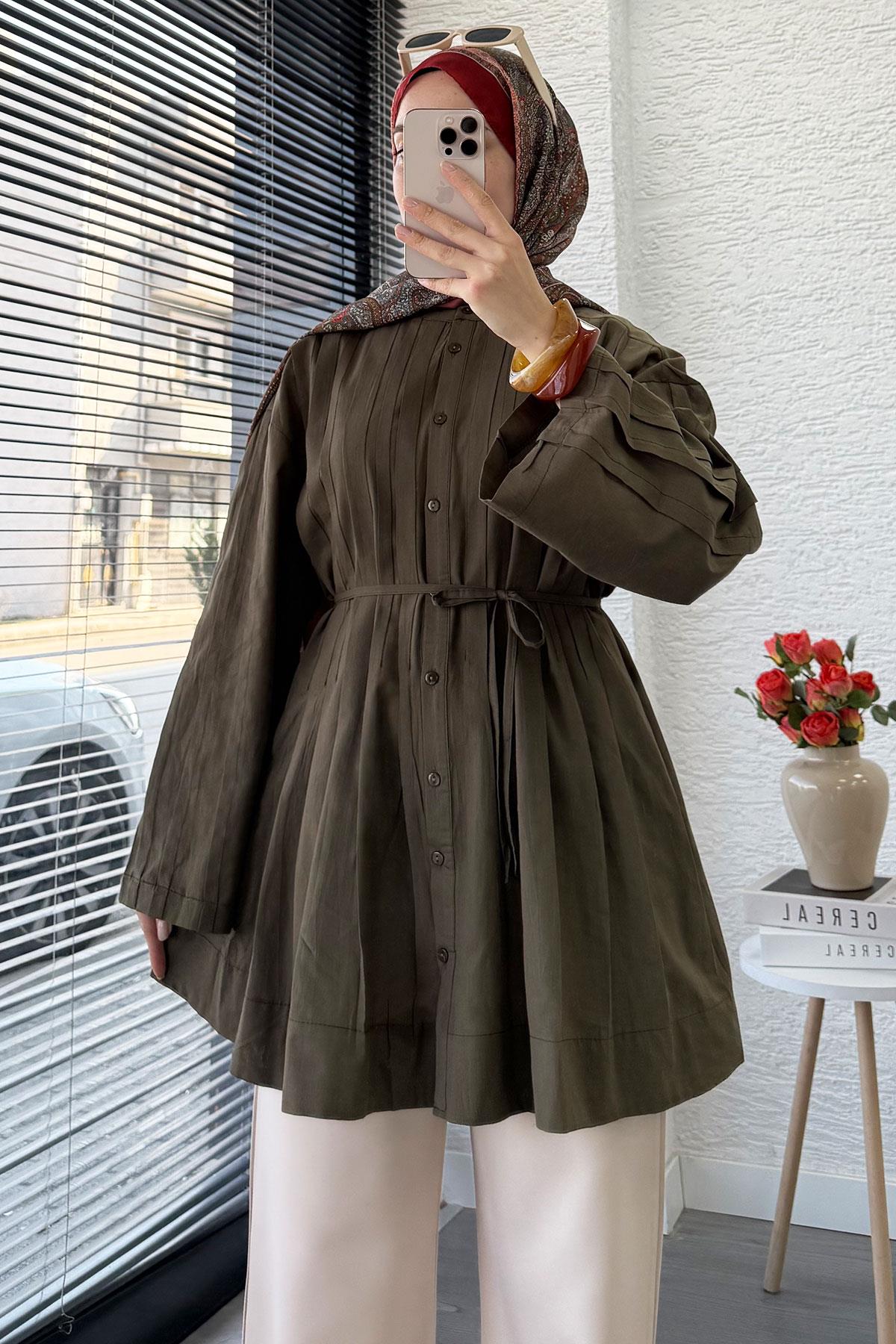 Nervürlü Geniş Kollu Vual Tunik - Haki