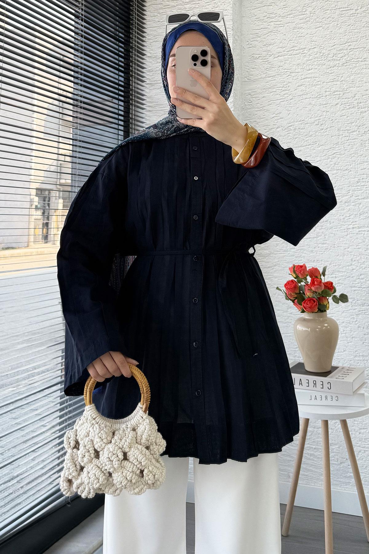 Nervürlü Geniş Kollu Vual Tunik - Lacivert