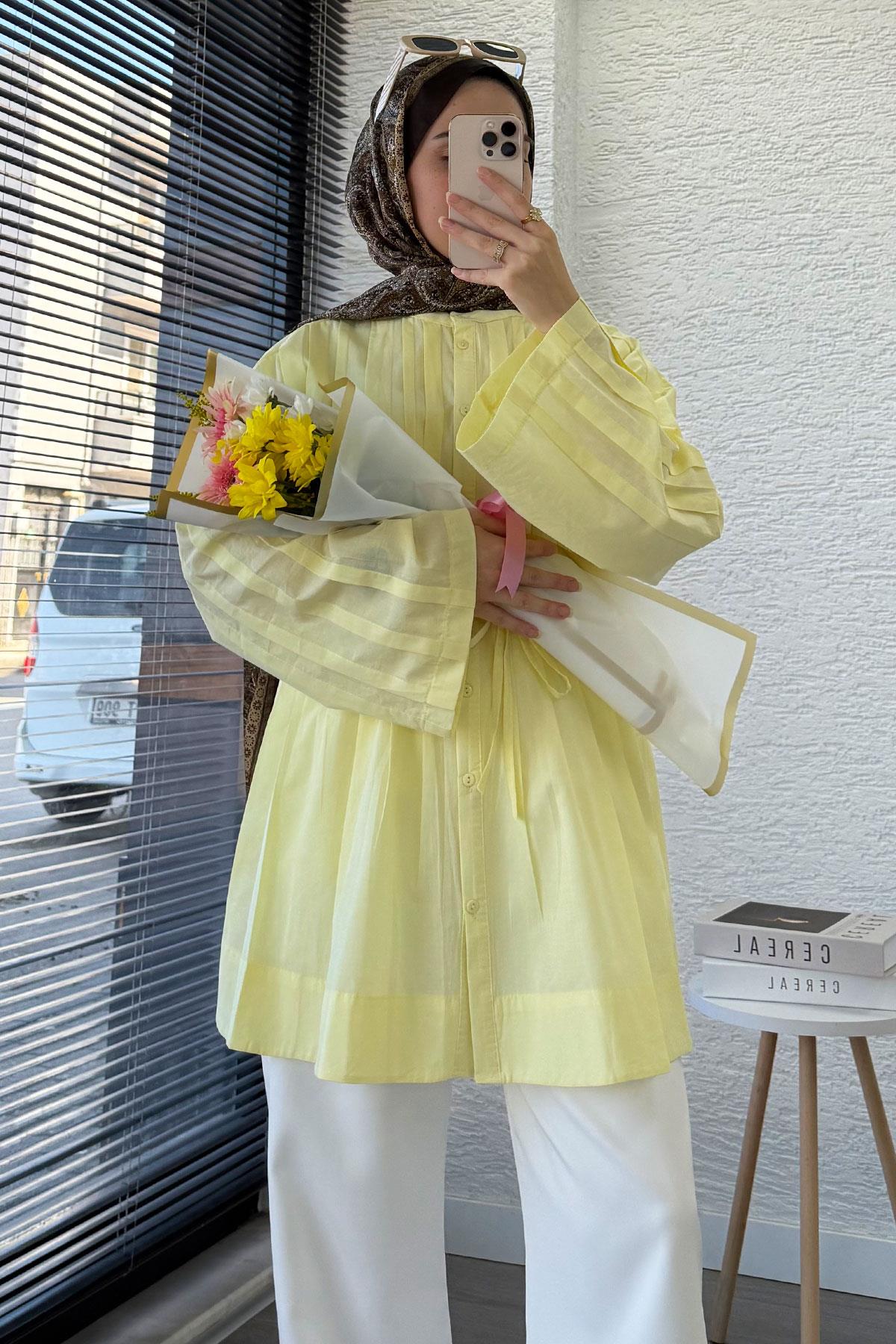 Nervürlü Geniş Kollu Vual Tunik - Sarı