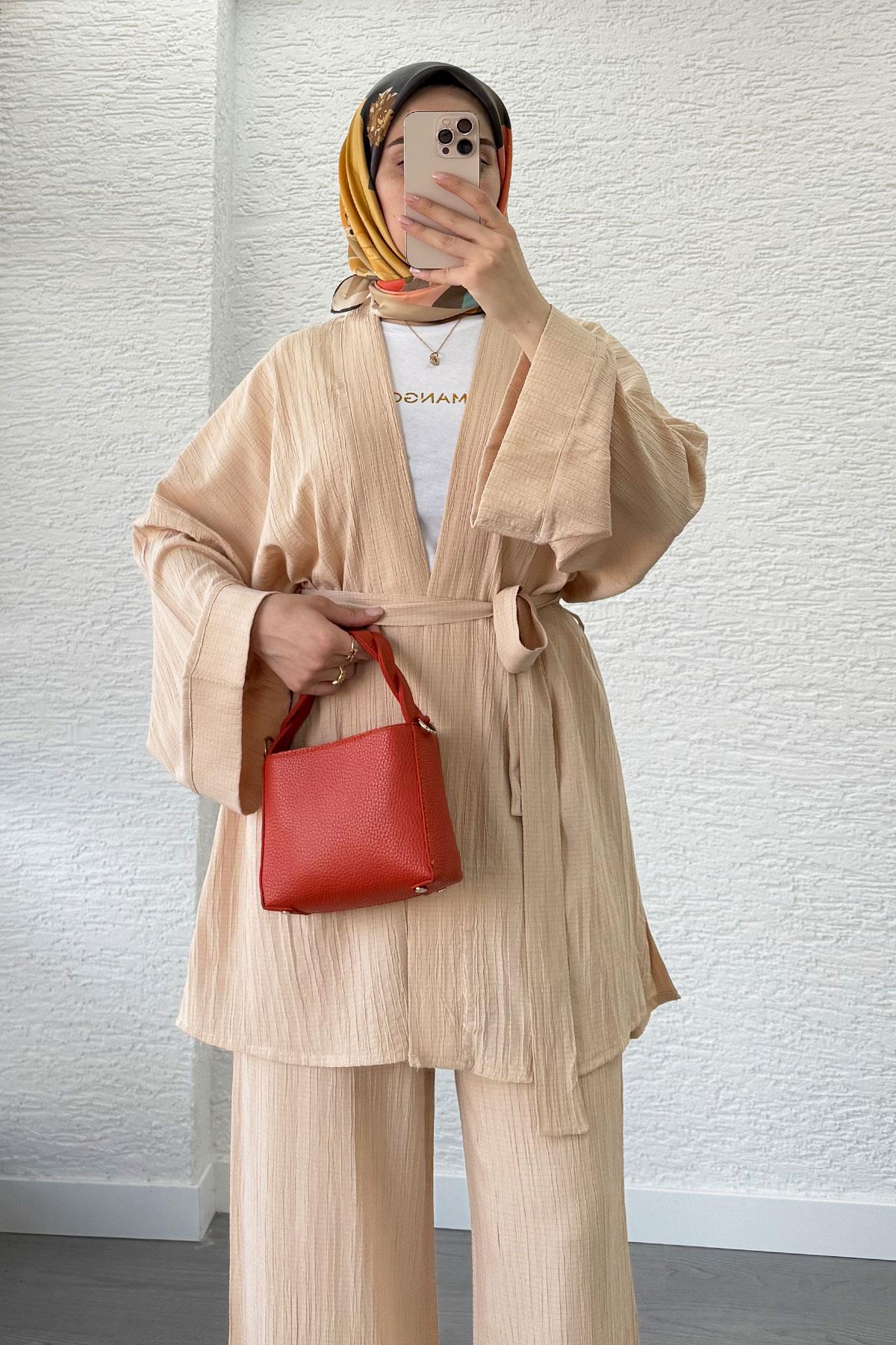 Nihan Kimono Pantolon Takım-Krem