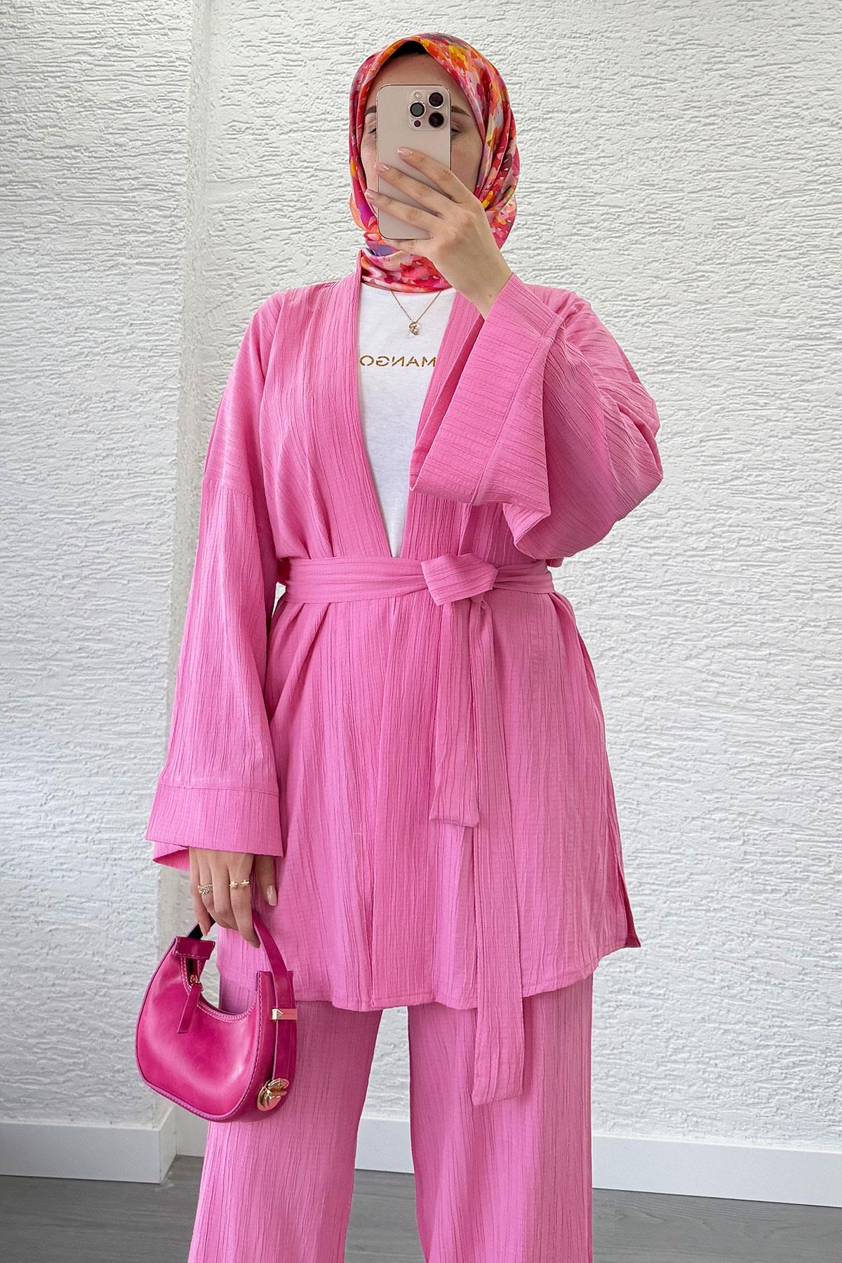 Nihan Kimono Pantolon Takım-Pembe