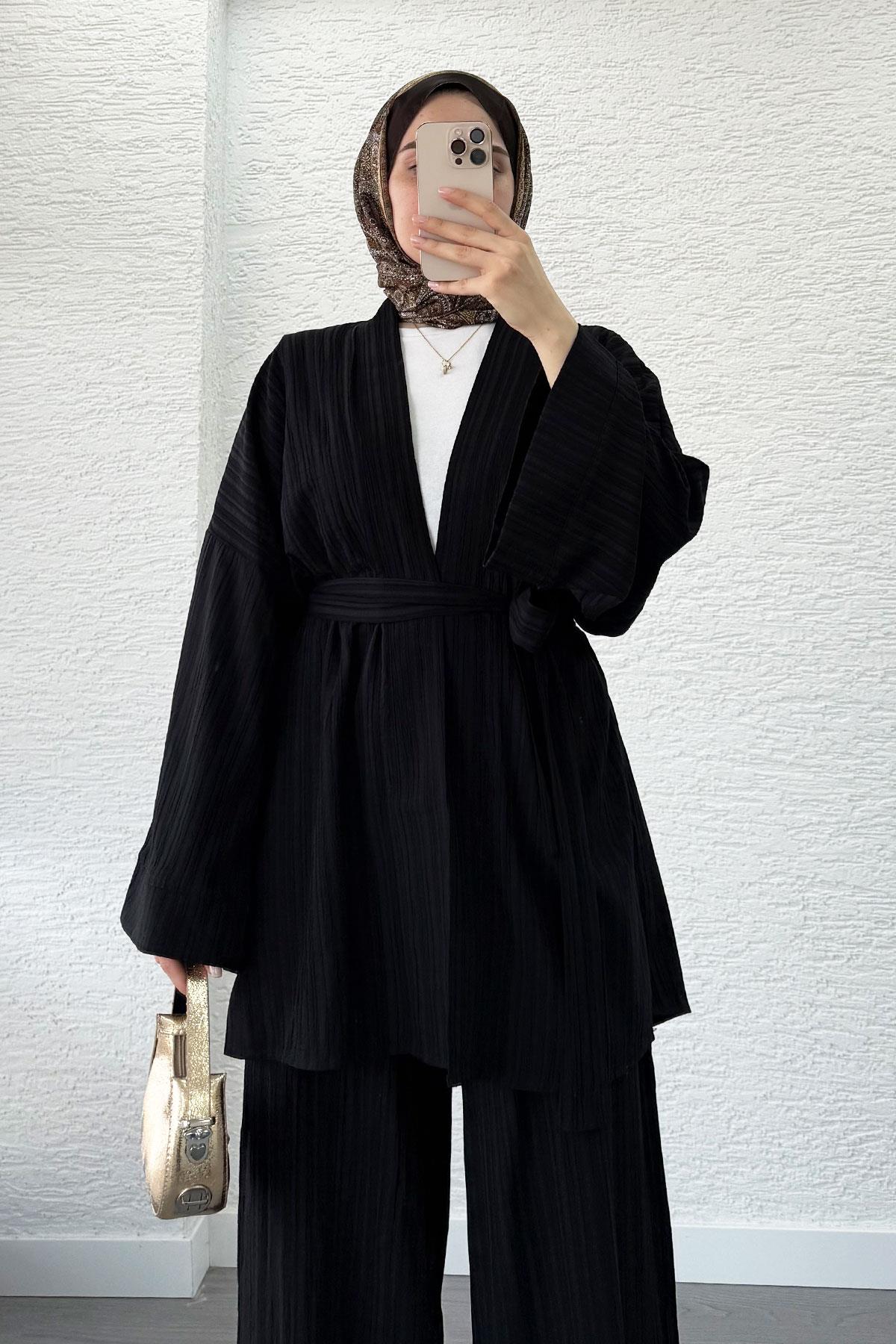 Nihan Kimono Pantolon Takım-Siyah
